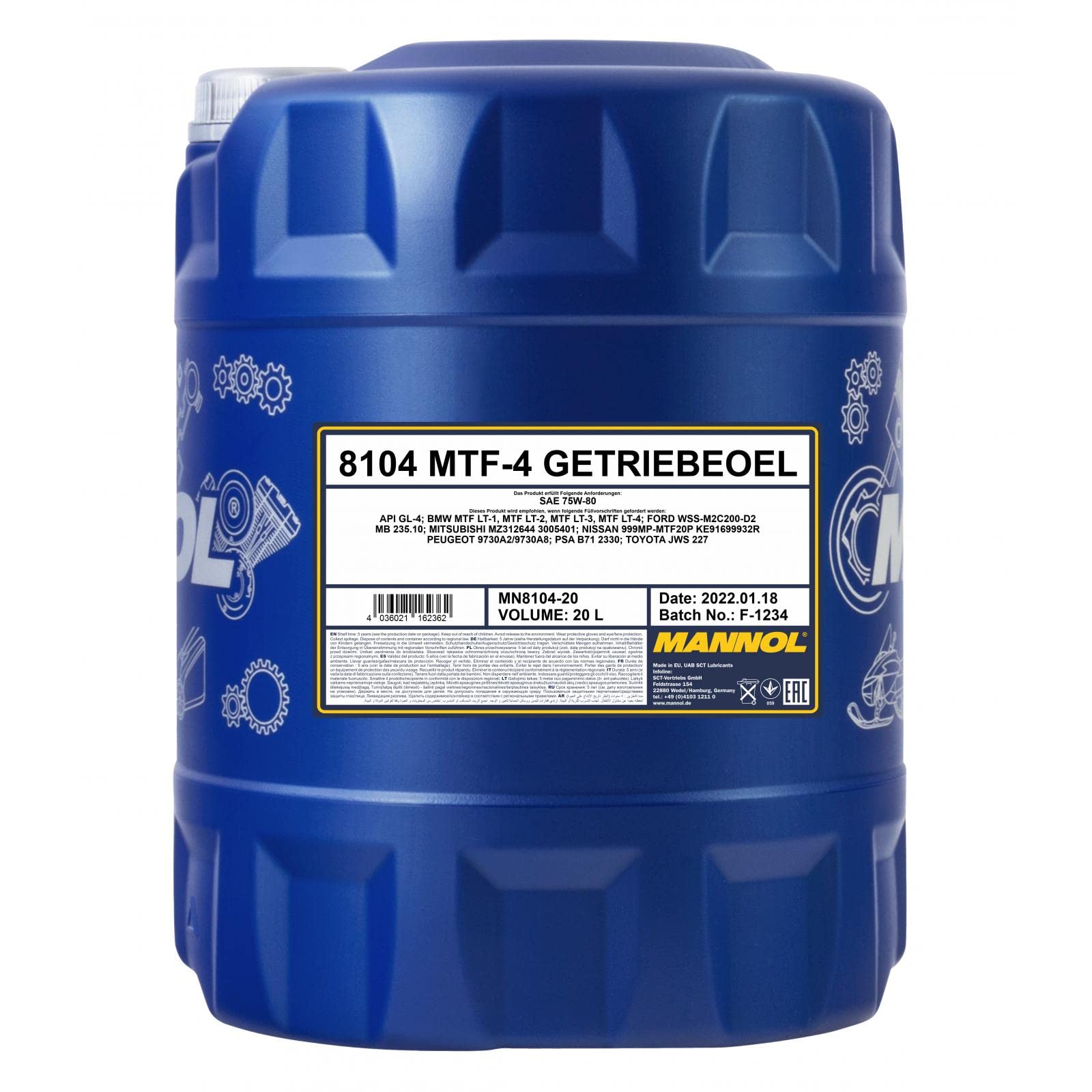 MANNOL 8104 MTF-4 Getriebeöl 75W-80 synthetisch GL-4 Schaltgetriebe, 20L | Synthetisches Schaltgetriebeöl, API GL-4, für BMW, Volvo, Toyota, Nissan, Peugeot, Honda, mit hohem Verschleißschutz