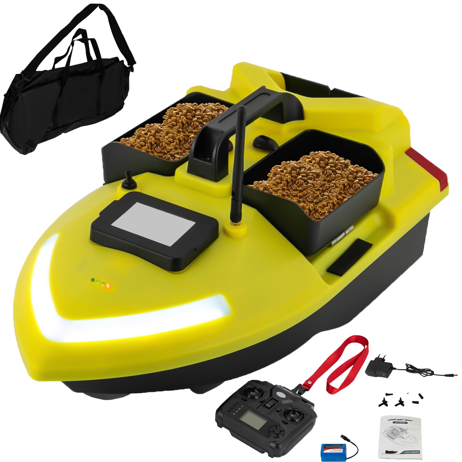 500m RC Köderboot mit GPS & 3 Köderboxen, ABS Angelköder Boot Fernbedienung Futterboot Fischköder Angeln Futterboot, Suchscheinwerfer & 12000mAh Batterie Fischköder-Boot (Gelb)