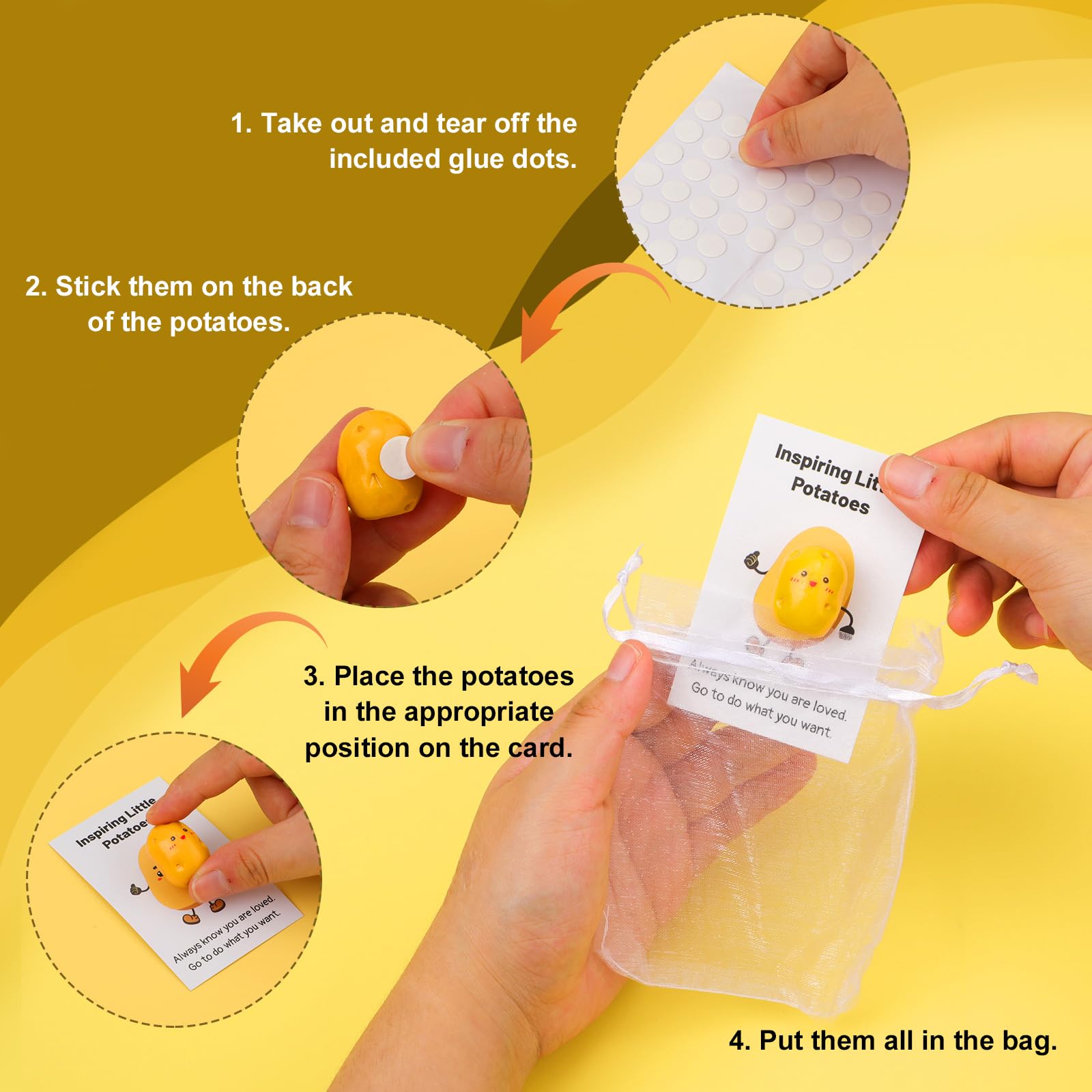 XIHIRCD 30pz Patate che Ispirano Positivamente, Mini Patate in Resina Realistiche con Sacchetto di Organza in Cartoncino Divertente Regalo Positivo per Collega Staff Studente Insegnante