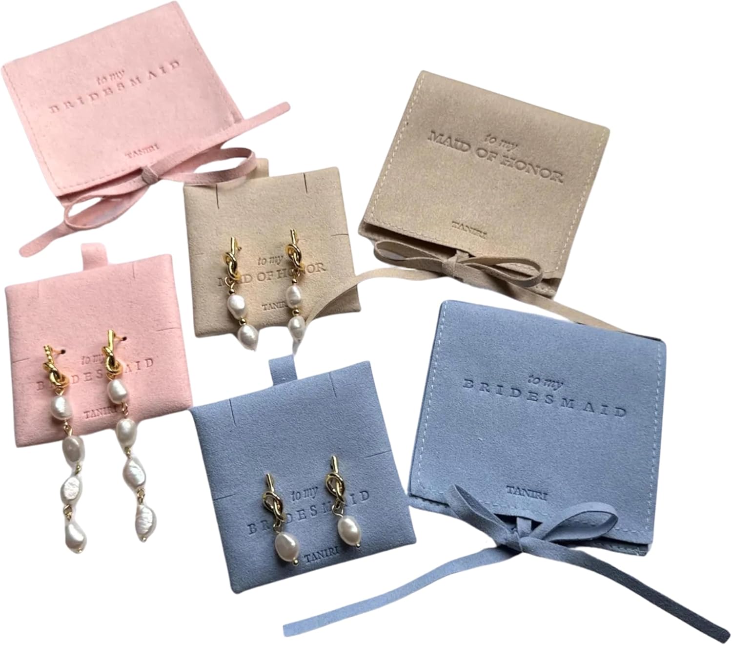 Bridesmaid Pearl Jewelry Set 18k Gold Plated Bridesmaid Proposal and Christmas Gift Pearl Knot Earrings for Bridesmaids Jewelry Pouch with Bow Tie Ivory Rose Blue Wedding Bridal Party Gifts
