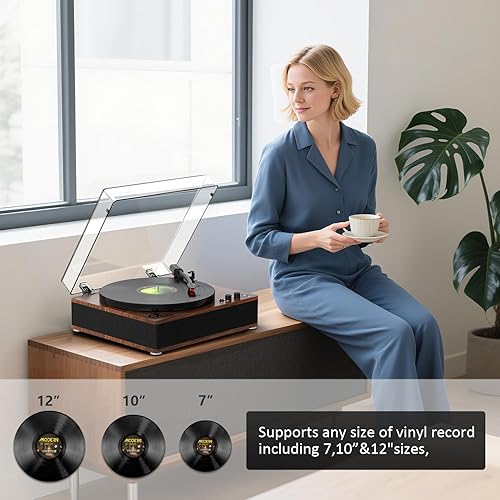 Miniatura 8 de Tocadiscos con altavoces integrados, reproductor de discos de vinilo con Bluetooth Ouput Auto Stop 33 y 45 78 RPM Velocidad RCA Line Out todo en uno