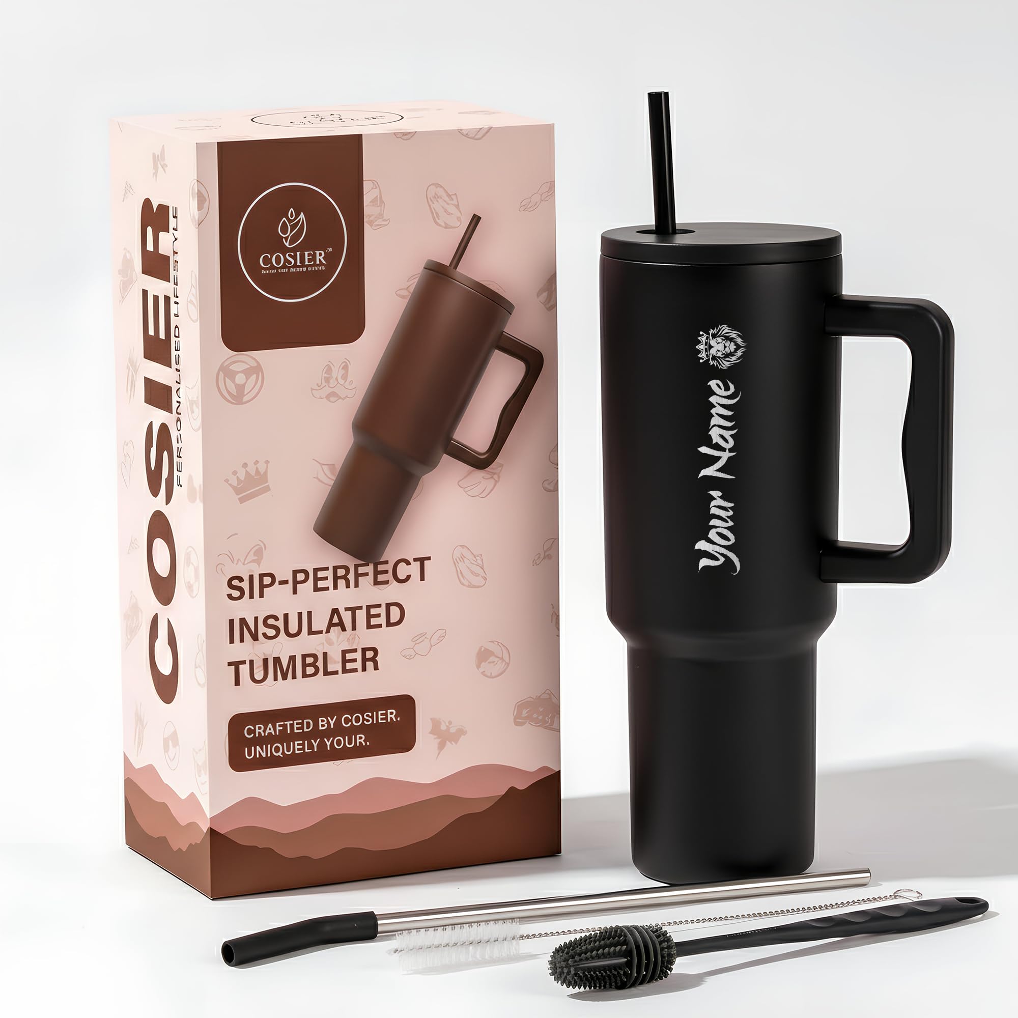 COSIER Personalised 1200ml Insulated Stainless Steel Tumbler with Handle and Straw Lid – Large Travel Mug for Coffee & Water, Double Wall Vacuum Cup, Car Cupholder Friendly (Glacier White)