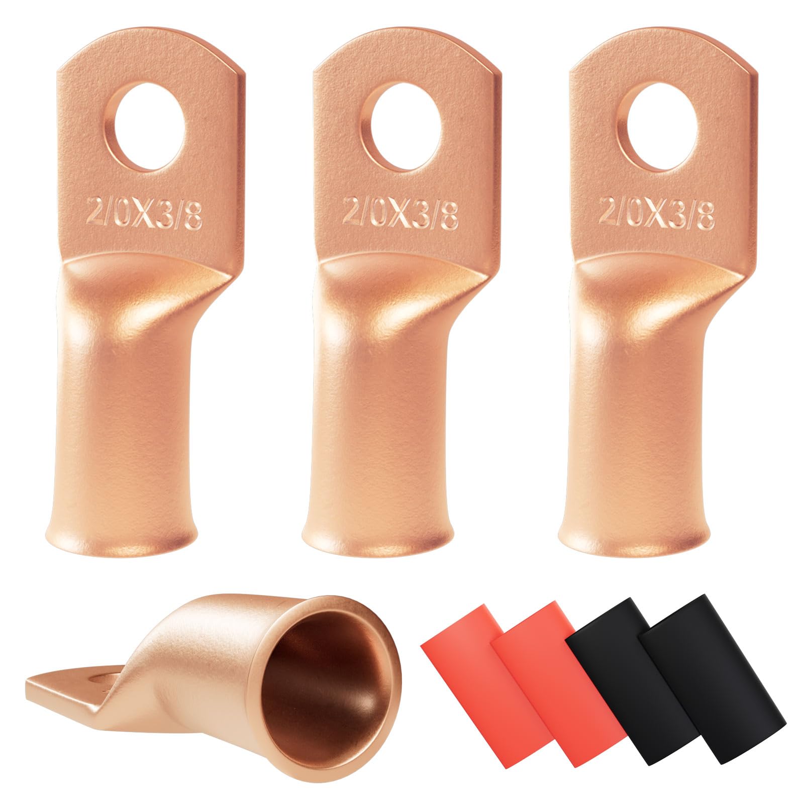 4pcs 2/0 Awg(00 Guage) - 3/8" Sanuke Wire Lugs Ring Terminal Connectors Ends Heavy Duty for Battery Cable Lug Wire Electrical Eyelets with 3:1 Dual Wall Adhesive Heat Shrink