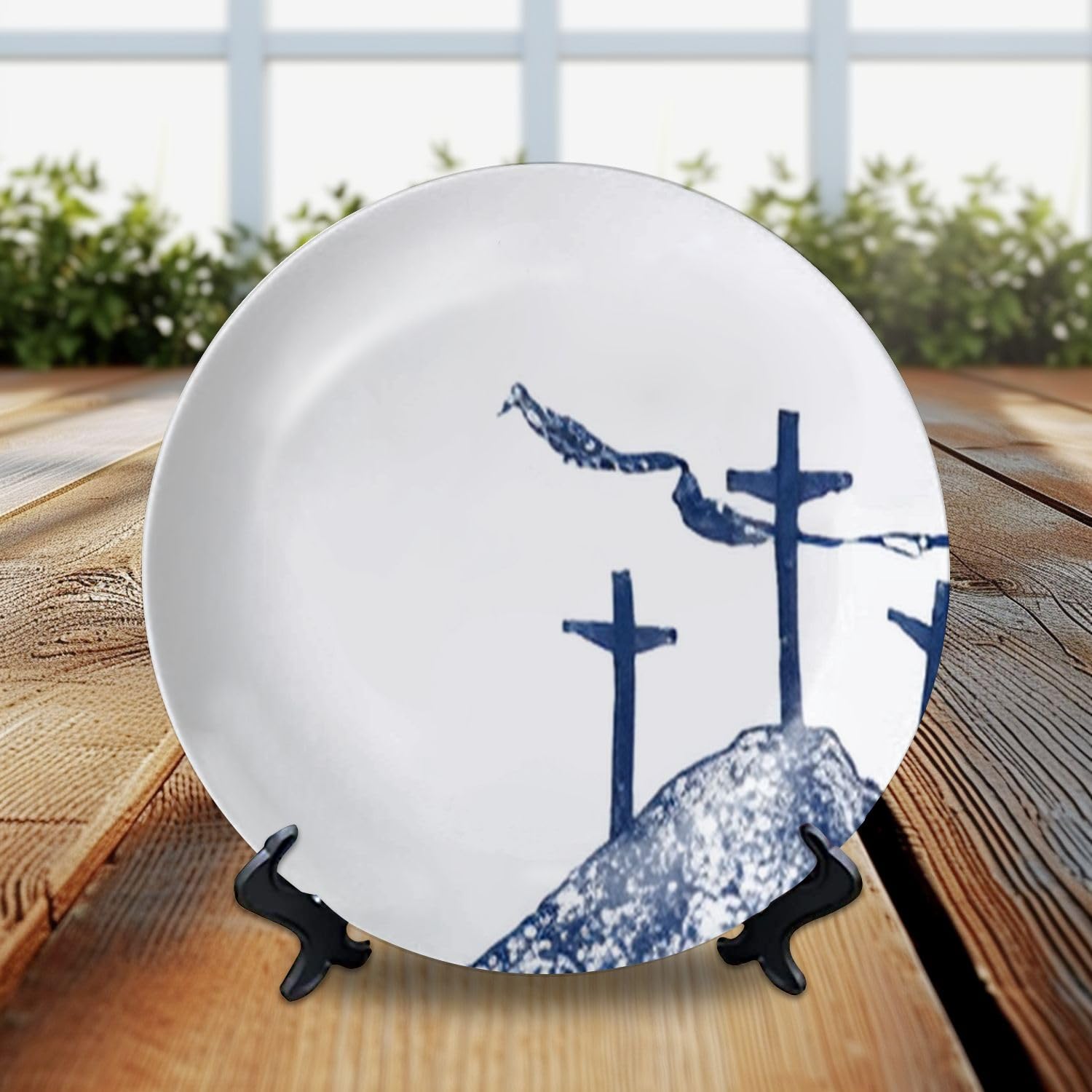 Decorative Plates Good friday Easter biblical Calvary hill three crosses silhouette Wall Decor Ceramic Ornament with Display Stand and Hook Up for Festival, Parties, Wedding 10