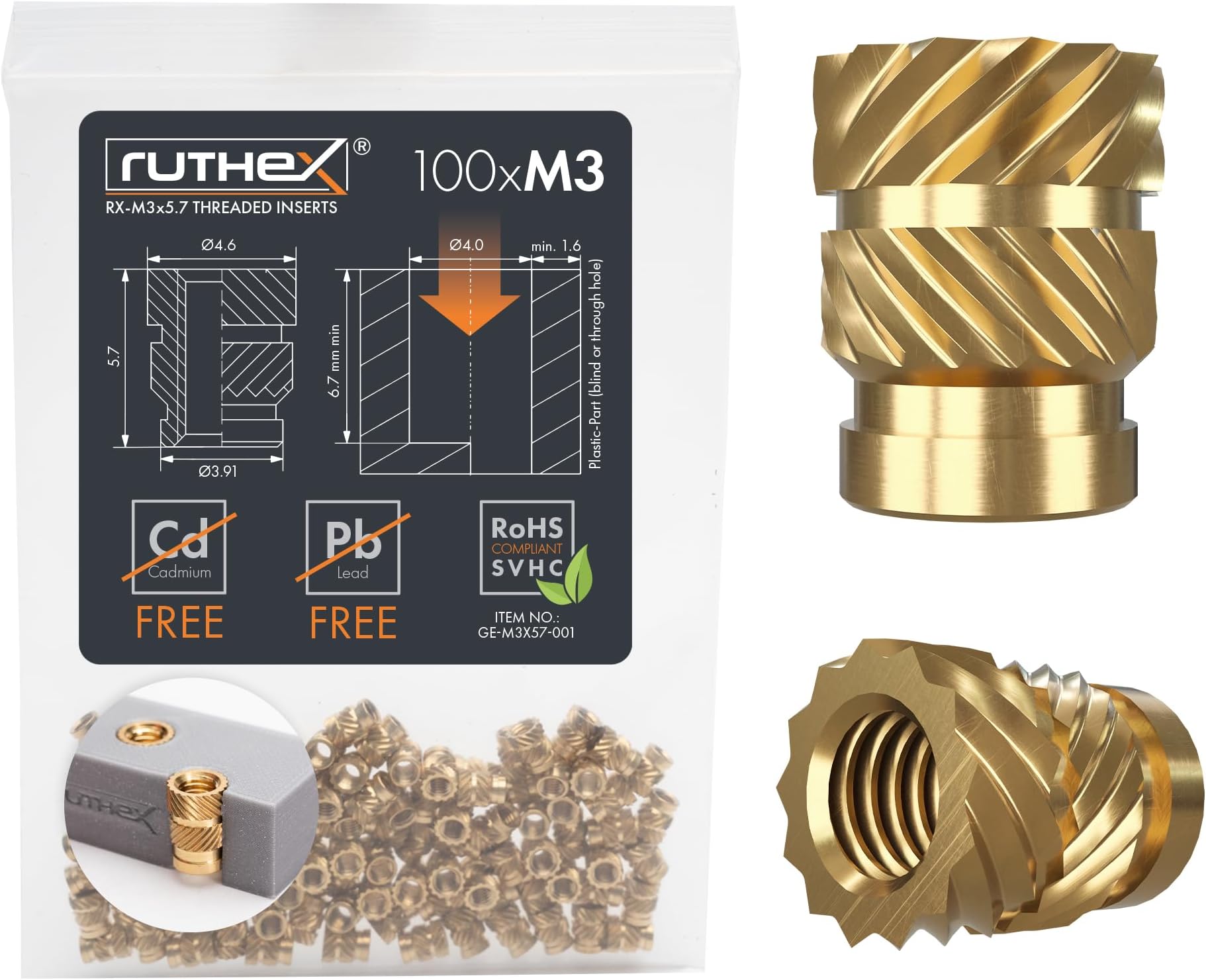 Ruthex Insert Fileté M3 (100 Pièces) - Rx-M3X5.7 Douilles Filetées En Laiton Ecrou À Sertir Pour Pièces Plastique Par La Chaleur Ou Ultrasons Dans Des D'Imprimante 3D