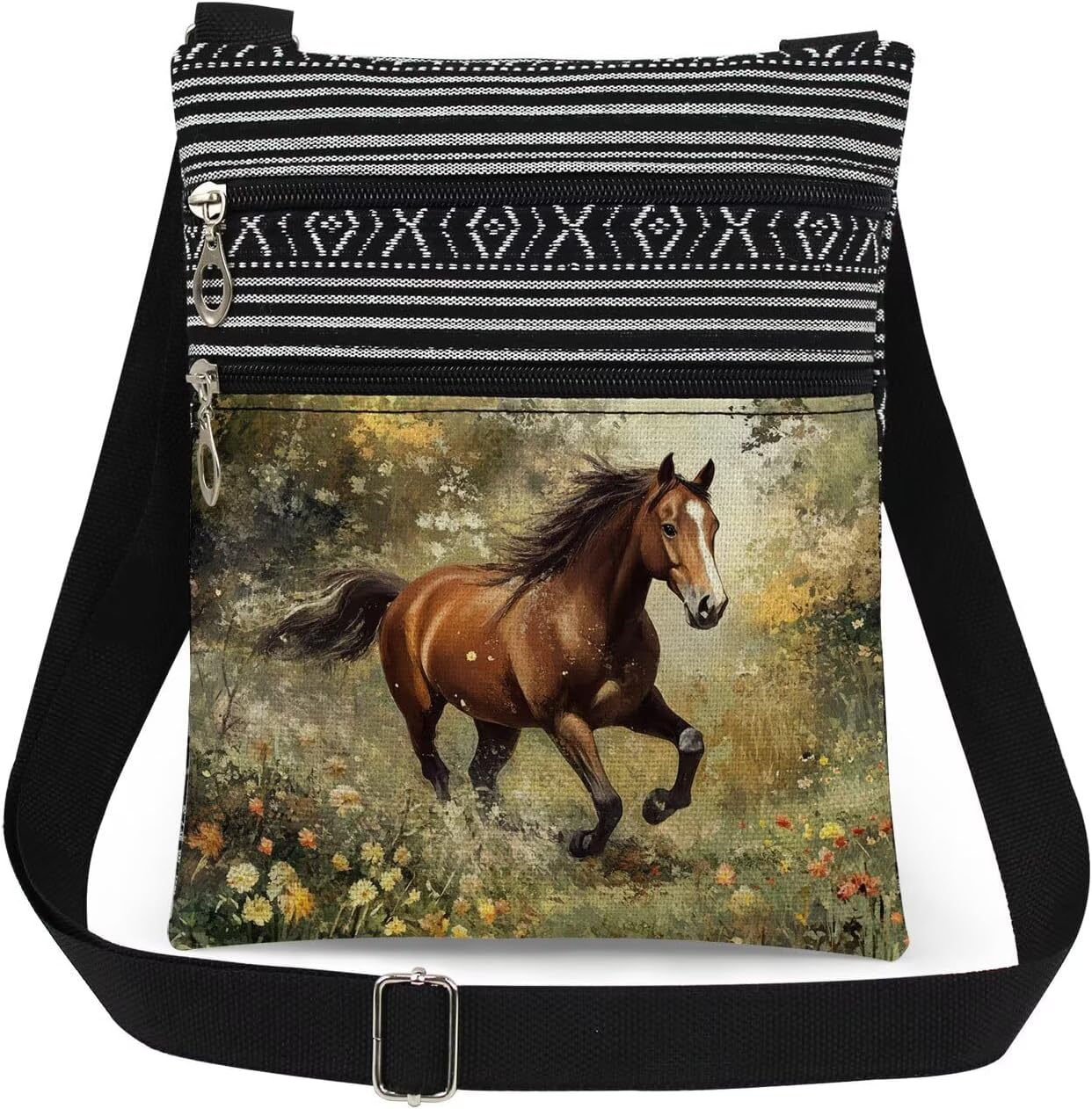 Horse Print Crossbody Bag Floral Horse Print Purse Adjustable Unisex Messenger Bags with Zipper Closure Outdoor Adventures & Artistic Birthdays Gift