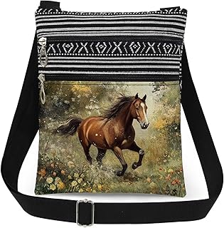 Horse Print Crossbody Bag Floral Horse Print Purse Adjustable Unisex Messenger Bags with Zipper Closure Outdoor Adventures & Artistic Birthdays Gift