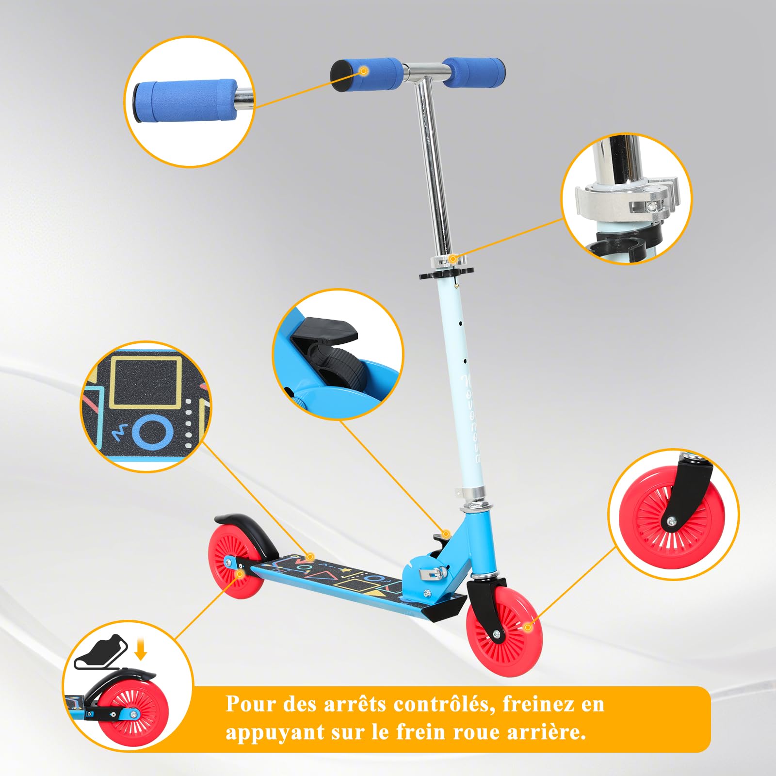 Trottinette Enfant 4-6 Ans Pliable, Trottinette Adolescent avec Guidon Réglable en Hauteur 3 Niveaux, Trotinettes Grande Roues et Poignée Antidérapant, Trotinette Ado/Enfant 95-130CM, 50KG