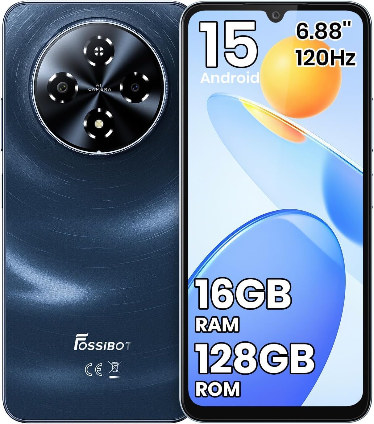 FOSSiBOT S5 Handy Ohne Vertrag, 6,88 Zoll FHD 120Hz Display, 6000mAh Akku Smartphone Ohne Vertrag, 16GB+128GB/1TB Smartphone Android 15 Simlockfreie Handys Dual SIM 4G, Gemini Al, 8.5mm/215g/OTG