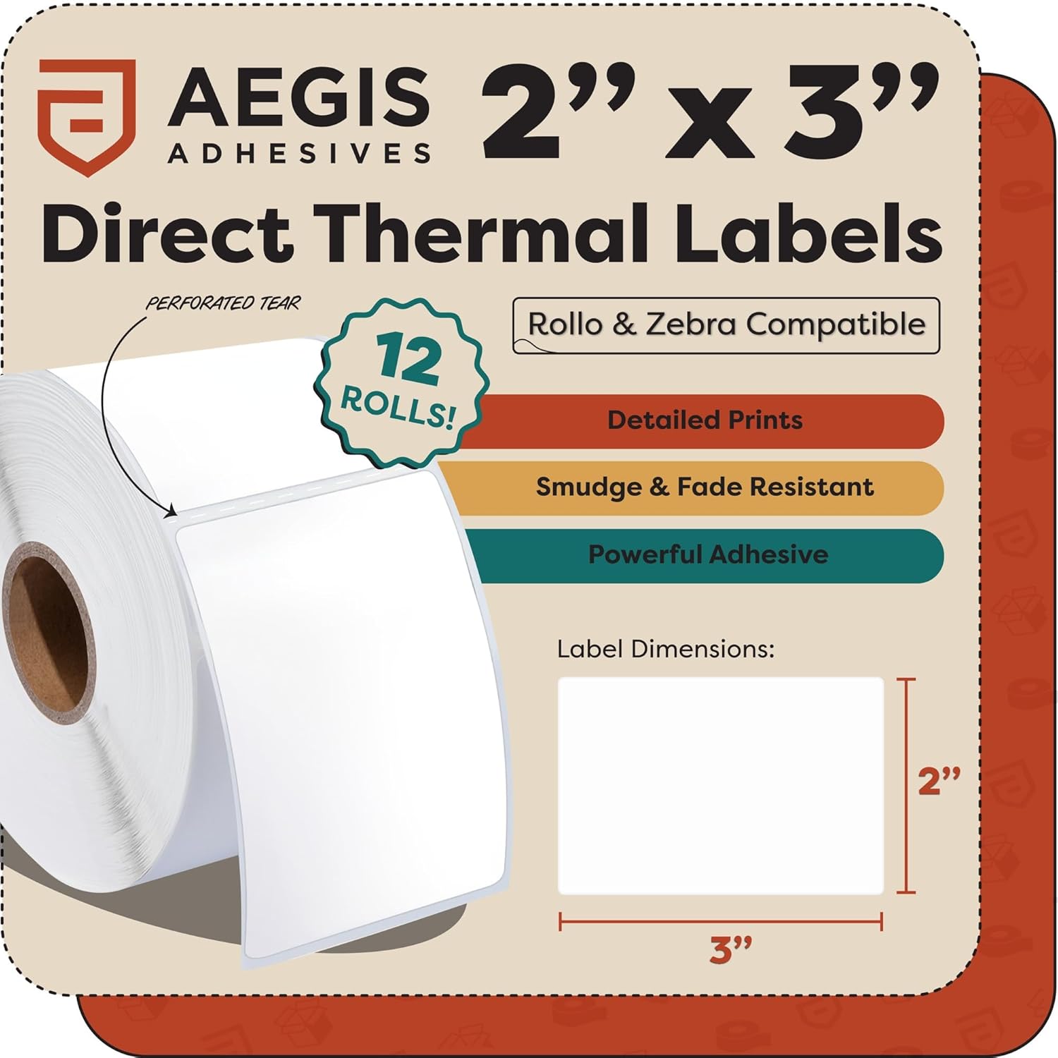 Aegis Adhesives - 2" X 3" Direct Thermal Labels (6000 Count, 12 Rolls) - Perforated Product Price Barcode Stickers for Packaging and Shipping Labels - Compatible with Zebra and Rollo Printers