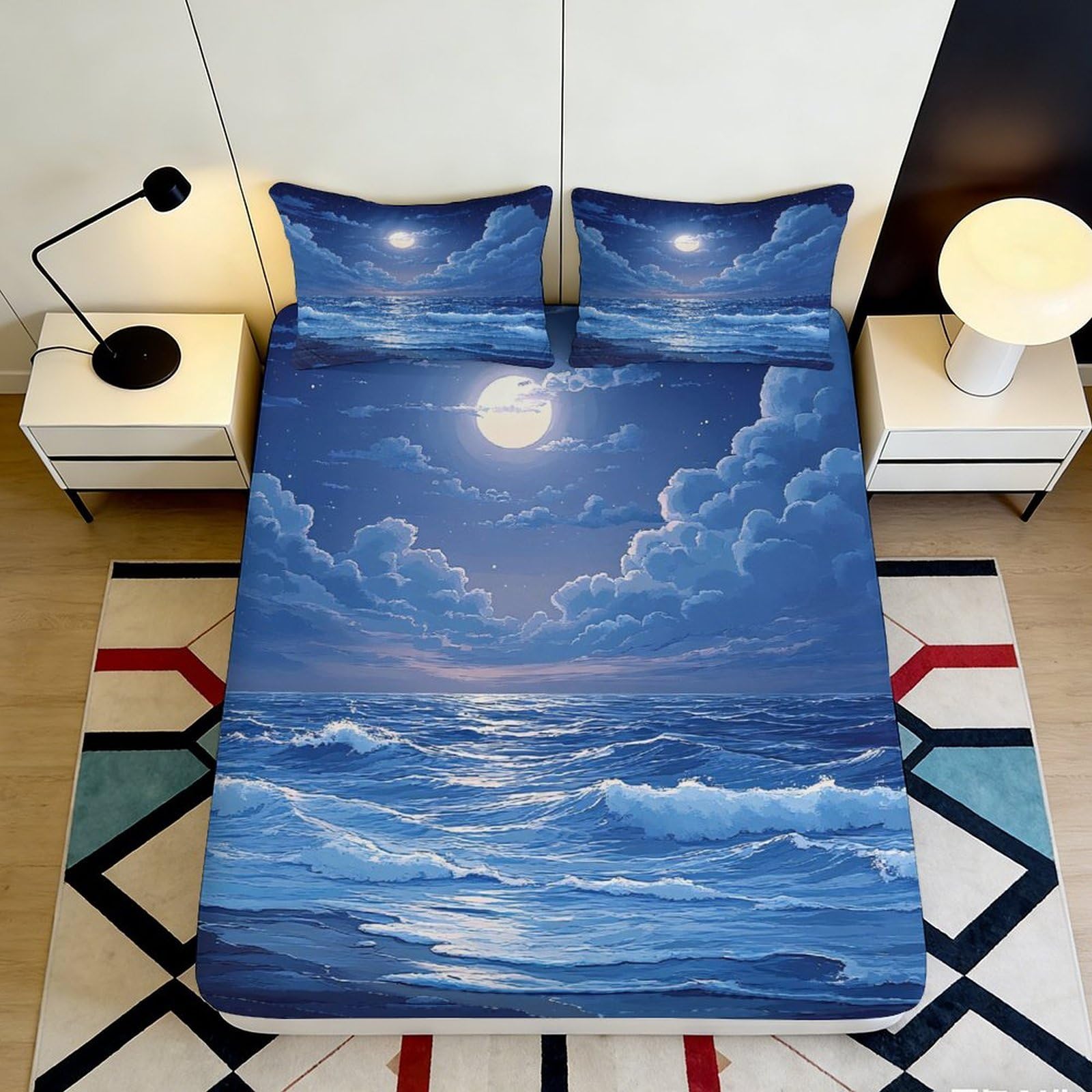 3D Printed Moonlit Ocean Fitted Sheet Microfiber Soft Breathable Night Sky Bed Cover for Bedroom Dormitory Guest Room Mattress Protection 120x200x25cm