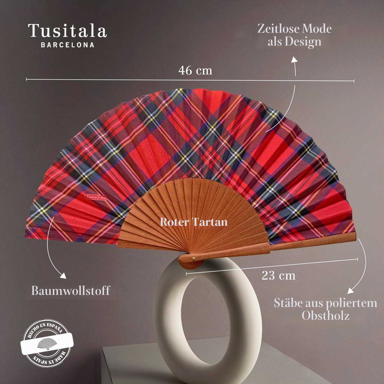 Spanischer Handfächer Sauvage–Holz und Baumwolle–23 cm–Etui und Hülle aus Jute–Modeaccessoire–Handgefertigt in Spanien–Events und Geschenke–Unsere Klassiker-Kollektion–Tusitala Barcelona