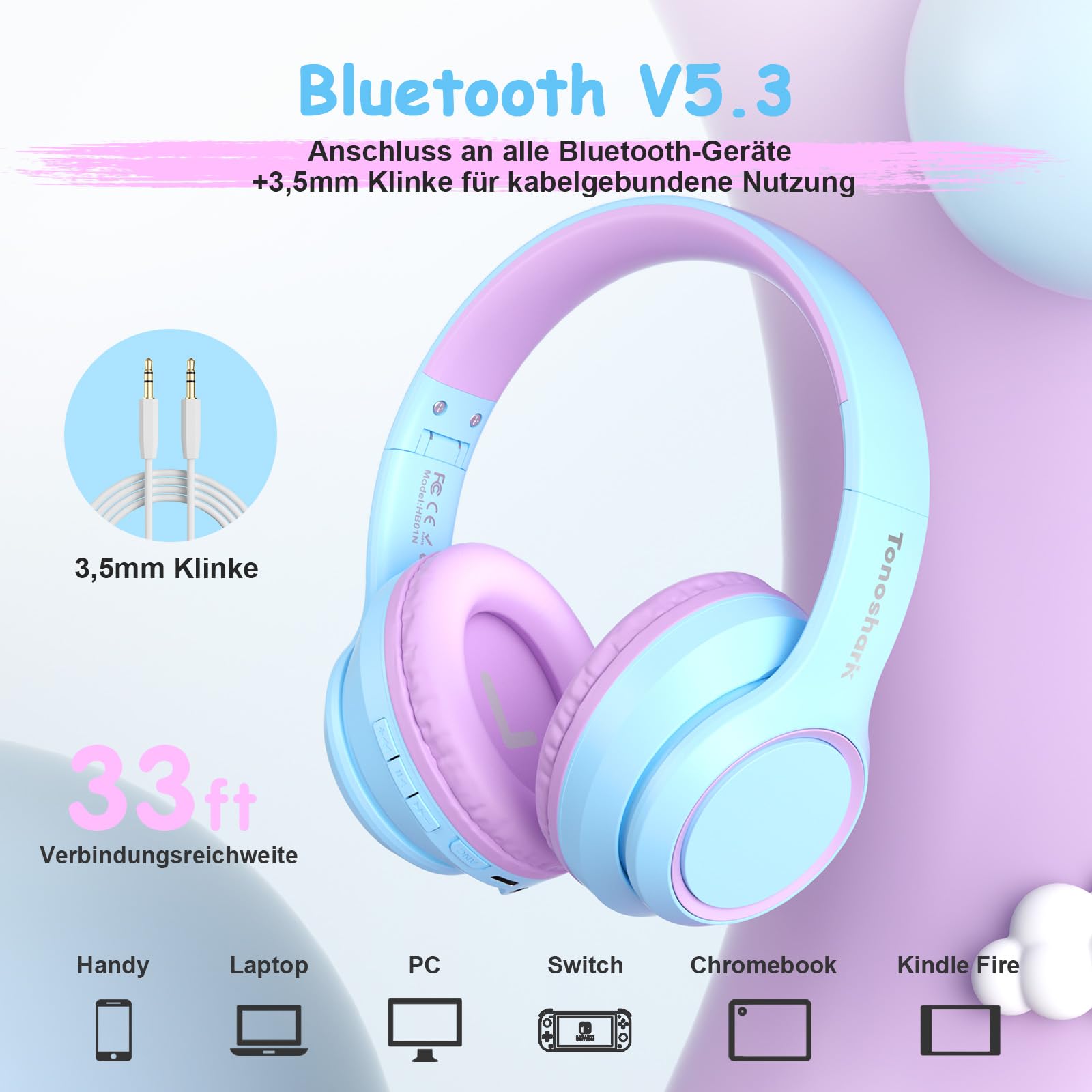 TONOSHARK Kinderkopfhörer Bluetooth | Bluetooth Kopfhörer Kinder | Noise Cancelling Kopfhoerer Kinder | Over-Ear | Kabellos | Mit Mikrofon | 60h Spielzeit - Für Schule/Reisen,Inkl. Tragetasche (Lila)