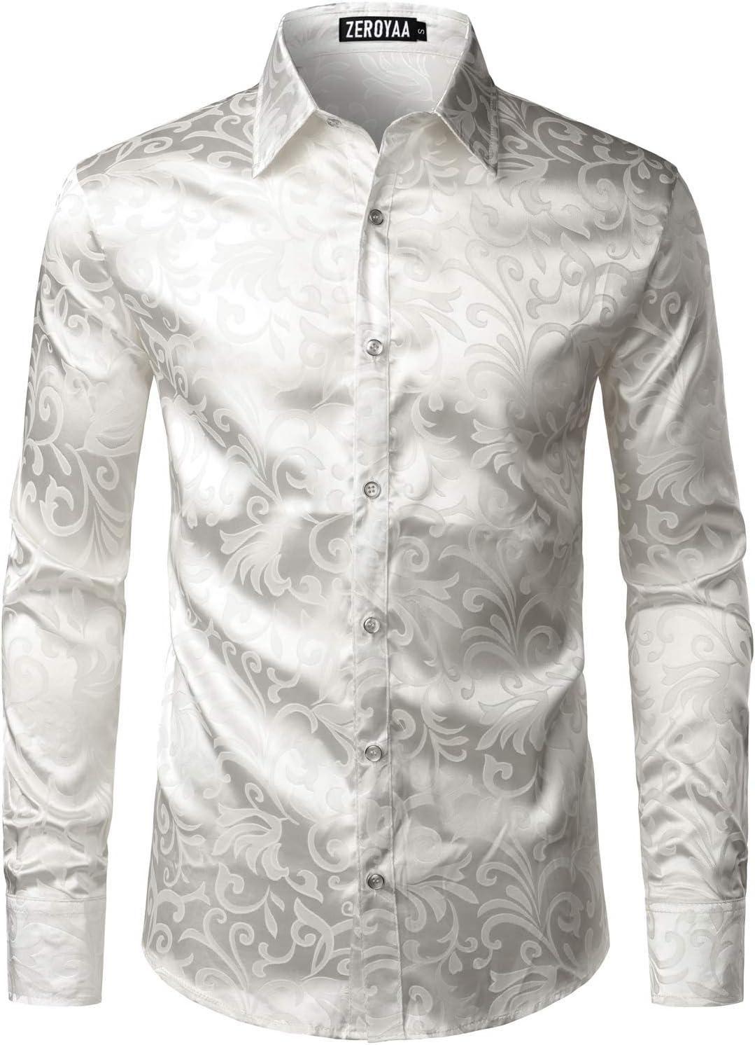 ZEROYAA Men's Luxury Jacquard Long Sleeve Dress Shirt Shiny Satin Slik Like Wedding Party Prom Shirts