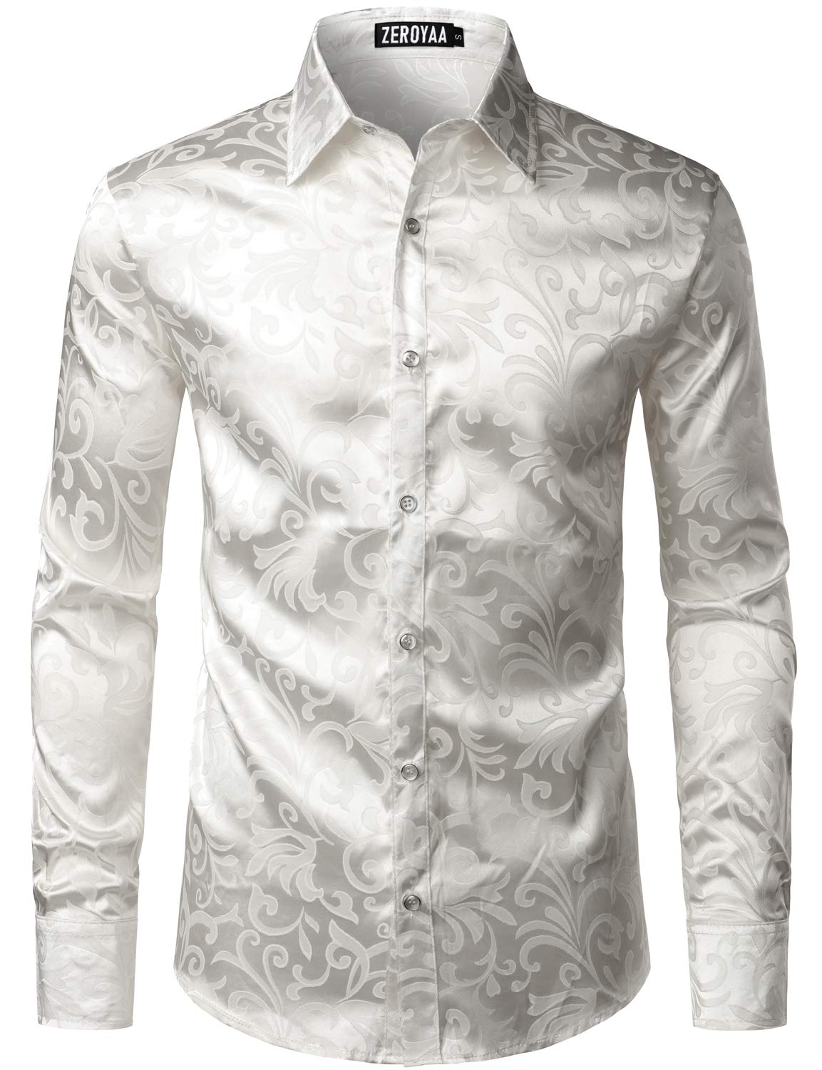 ZEROYAA Men's Luxury Jacquard Long Sleeve Dress Shirt Shiny Satin Slik Like Wedding Party Prom Shirts