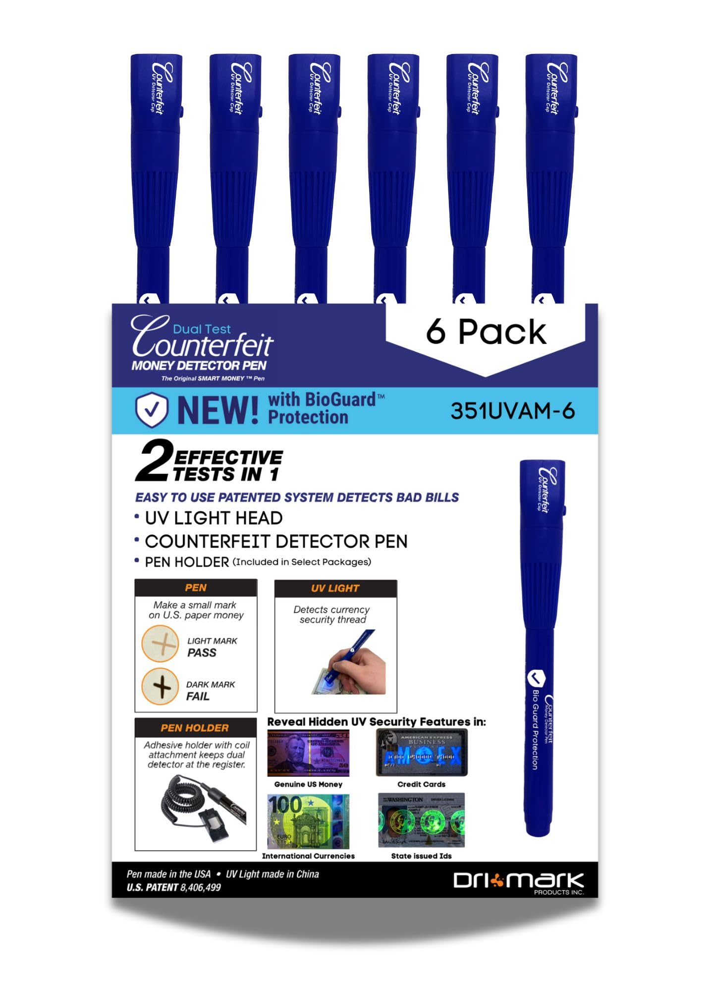 Dri Mark BioGuard Dual Test Counterfeit Money Detector Pen, UV Light Head Bonus Pack (6 Pack Dual Test)
