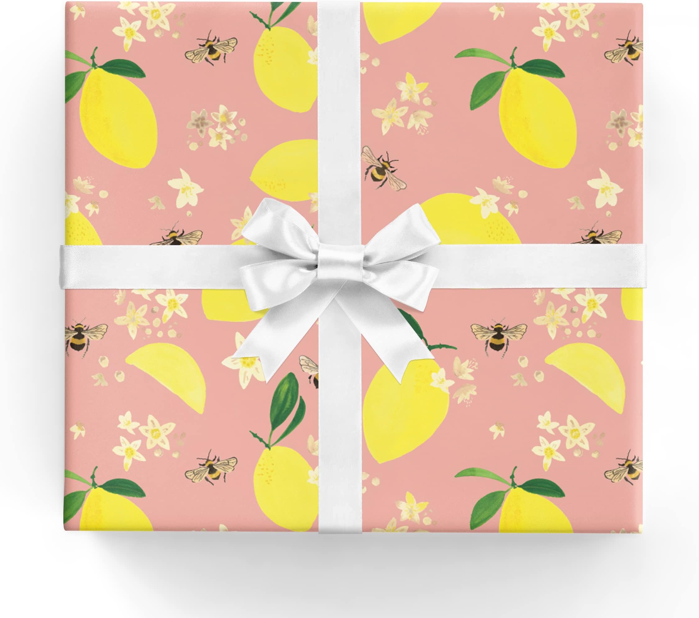 Lemons and Honey Bees Summer Giftwrap Paper - Six Flat Folded Sheets 19.5x27 Inches, Feminine Birthday Wrapping Paper, Lemon Blossoms and Honey Bee Art Project