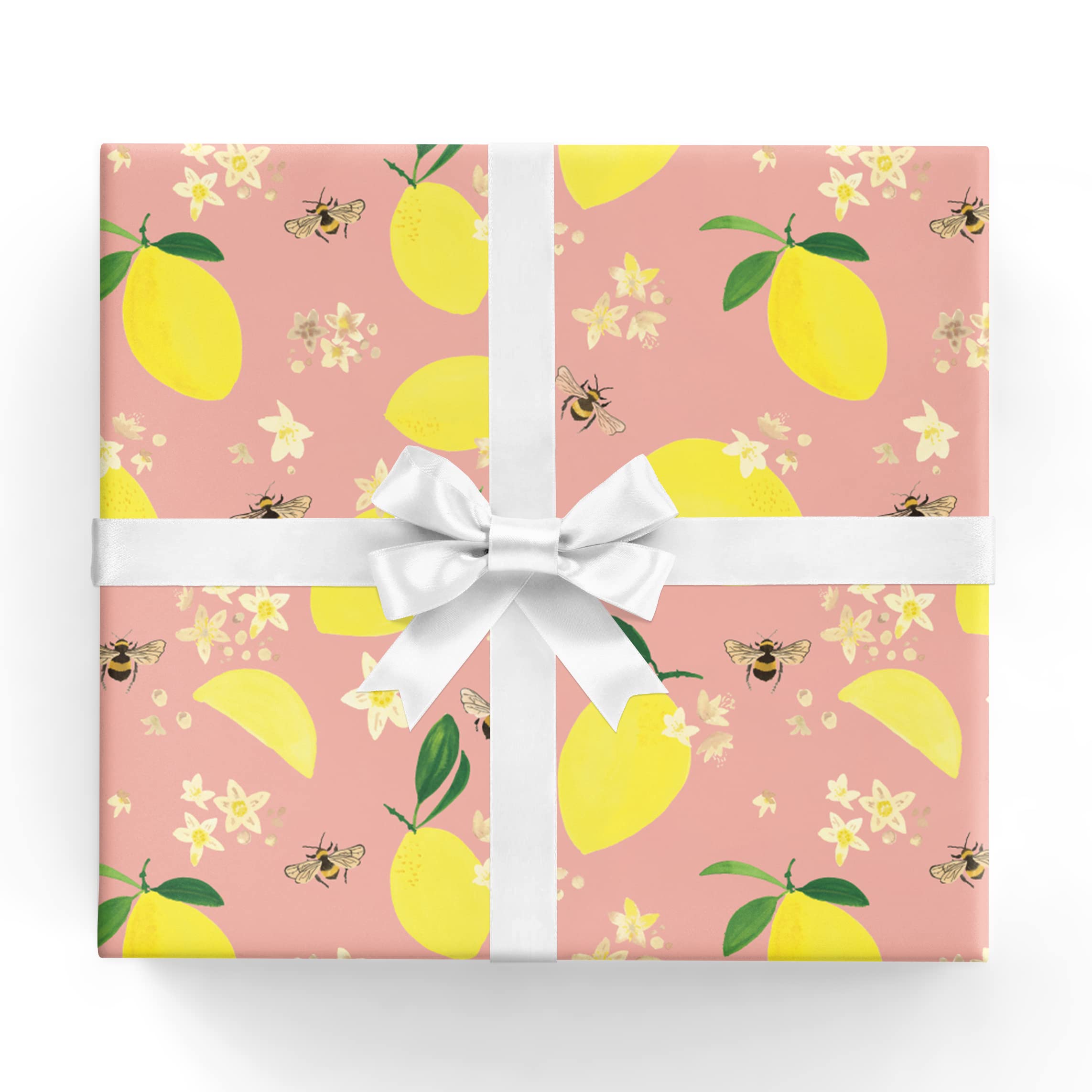 Lemons and Honey Bees Summer Giftwrap Paper - Six Flat Folded Sheets 19.5x27 Inches, Feminine Birthday Wrapping Paper, Lemon Blossoms and Honey Bee Art Project