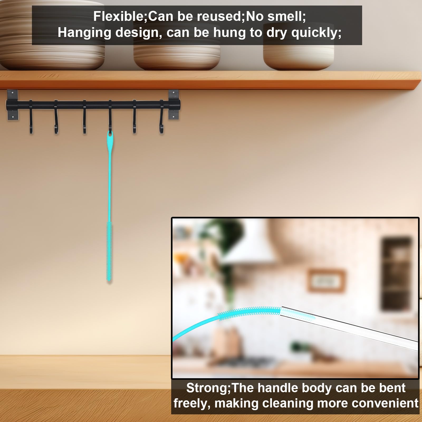 Spazzola Per Cannucce In Silicone 8mmx24cm - Extra Lunga, Pieghevole, Per Cannucce Riutilizzabili