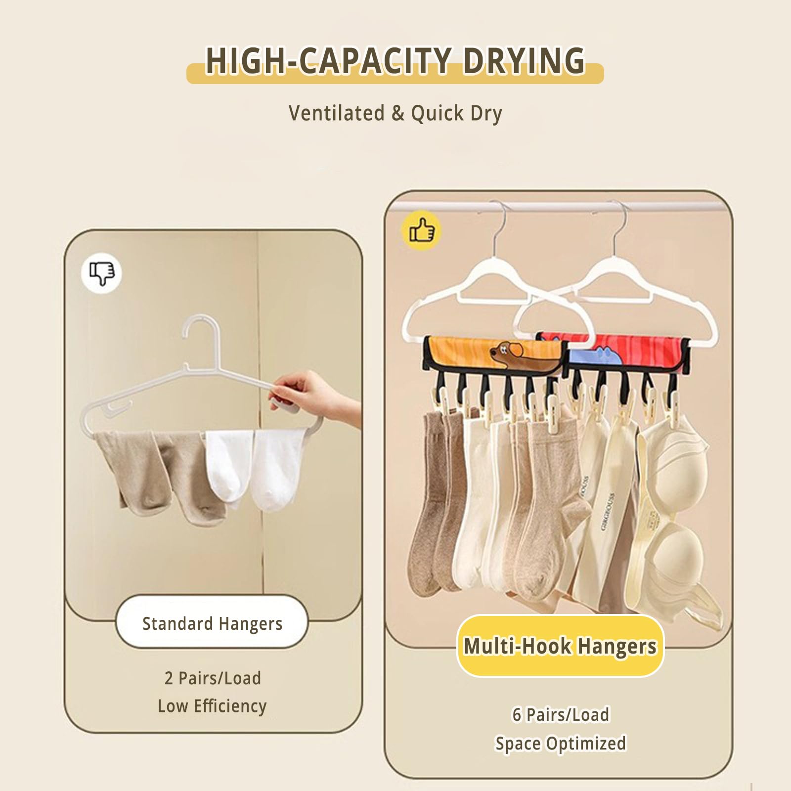 AiDianFuYa Travel Hangers 2-Pack, Foldable Clothes Hangers for Cruise & Suitcase, Portable Drying Rack with 6 Clips, Space-Saving Laundry Solution for Hotels, Camping & Small Spaces