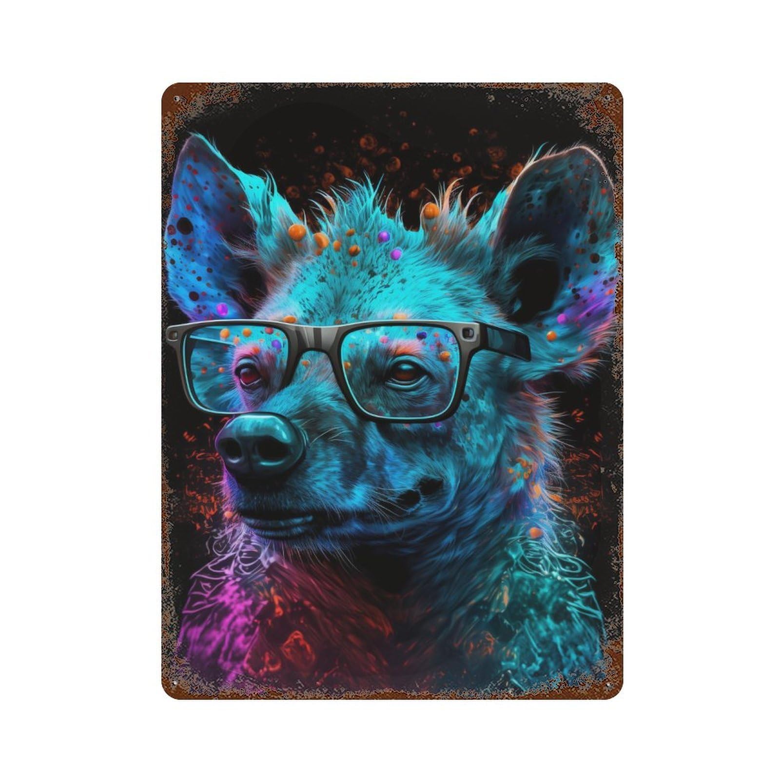 Neon Hyena with Glasses 15.7"x11.8" Rust Effect Tin Sign, Old School Wall Decor for Pub, Kitchen And Man Cave Decor