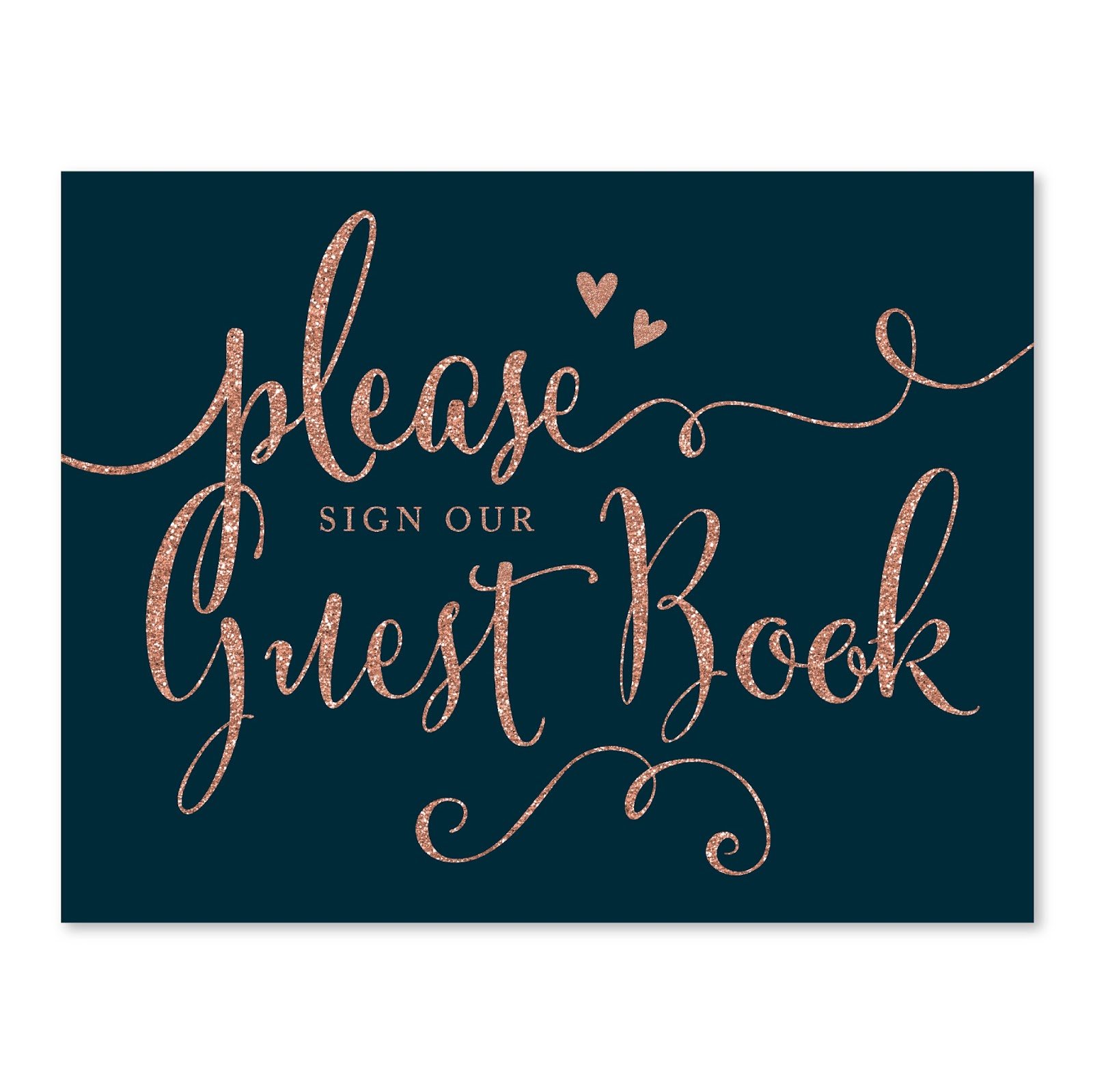 Andaz Press Wedding Party Signs, Faux Rose Gold Glitter on Navy Blue, 8.5x11-inch, Please Sign our Guestbook, 1-Pack, Colored Party Supplies