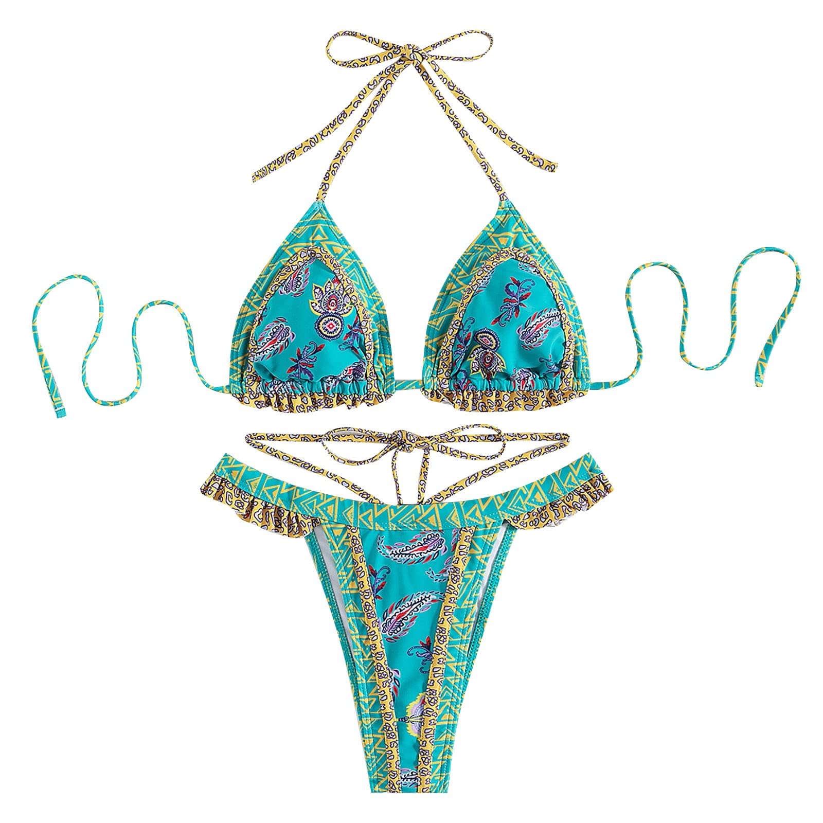 VEMOW Conjunto Bikini Brasileño Mujer Bikini Tanga Bikinis Brasiliaños Bikini de Tirantes Bañador Mujer Sexy Biquini Vikini Trajes de Baño Triángulo Mujer Estampado Étnico Bikini Cintura Alta Verano