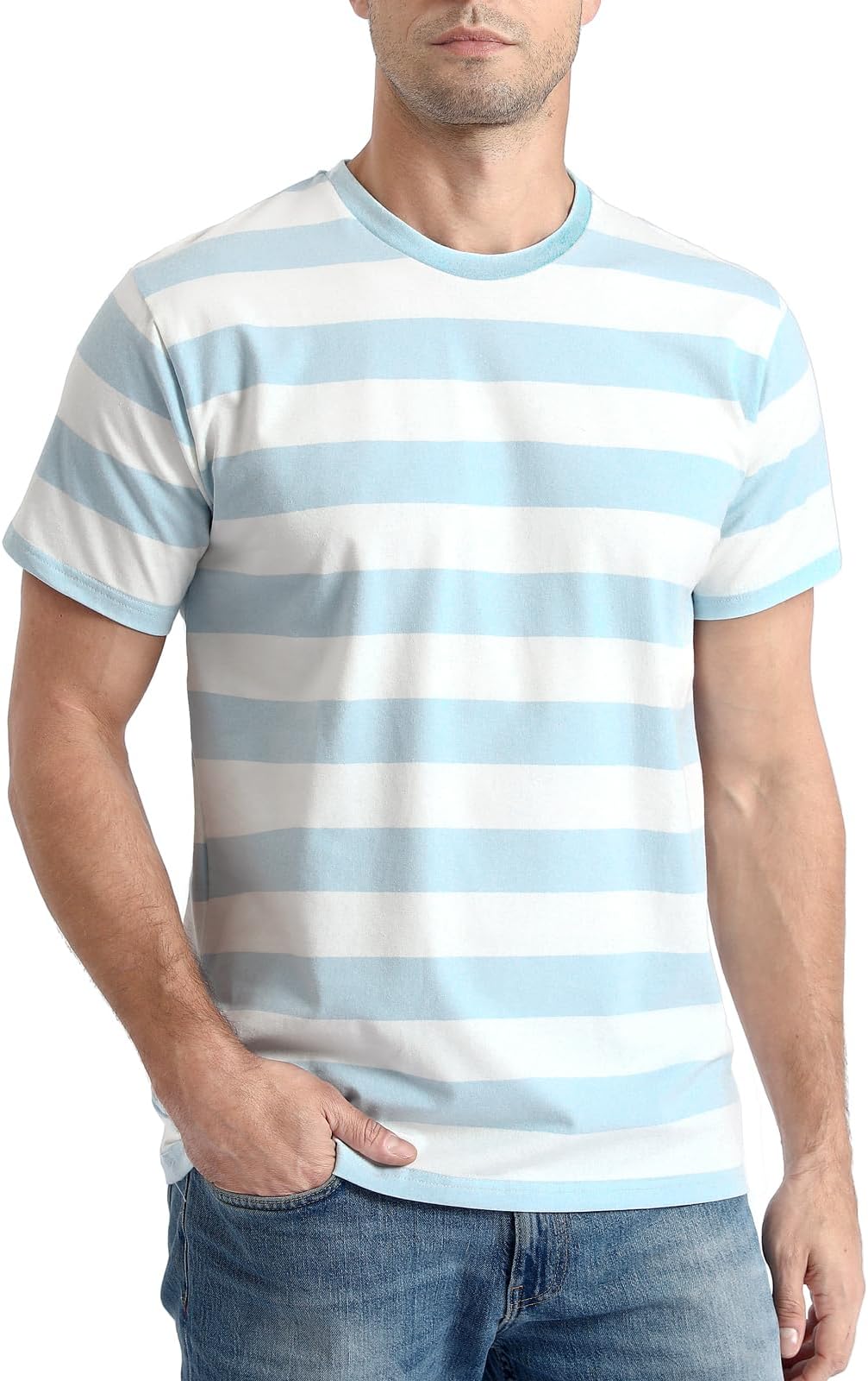 Funny World Men's Cotton Striped T-Shirt Crew Neck Short Sleeves Basic Casual Top