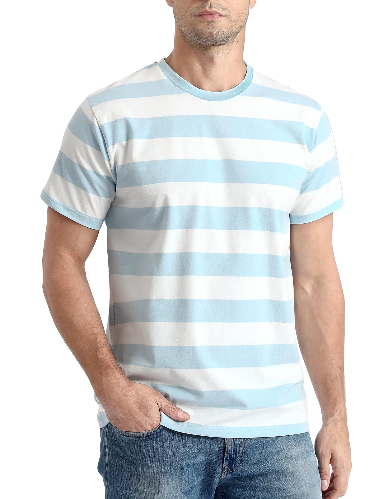 Funny World Men's Cotton Striped T-Shirt Crew Neck Short Sleeves Basic Casual Top