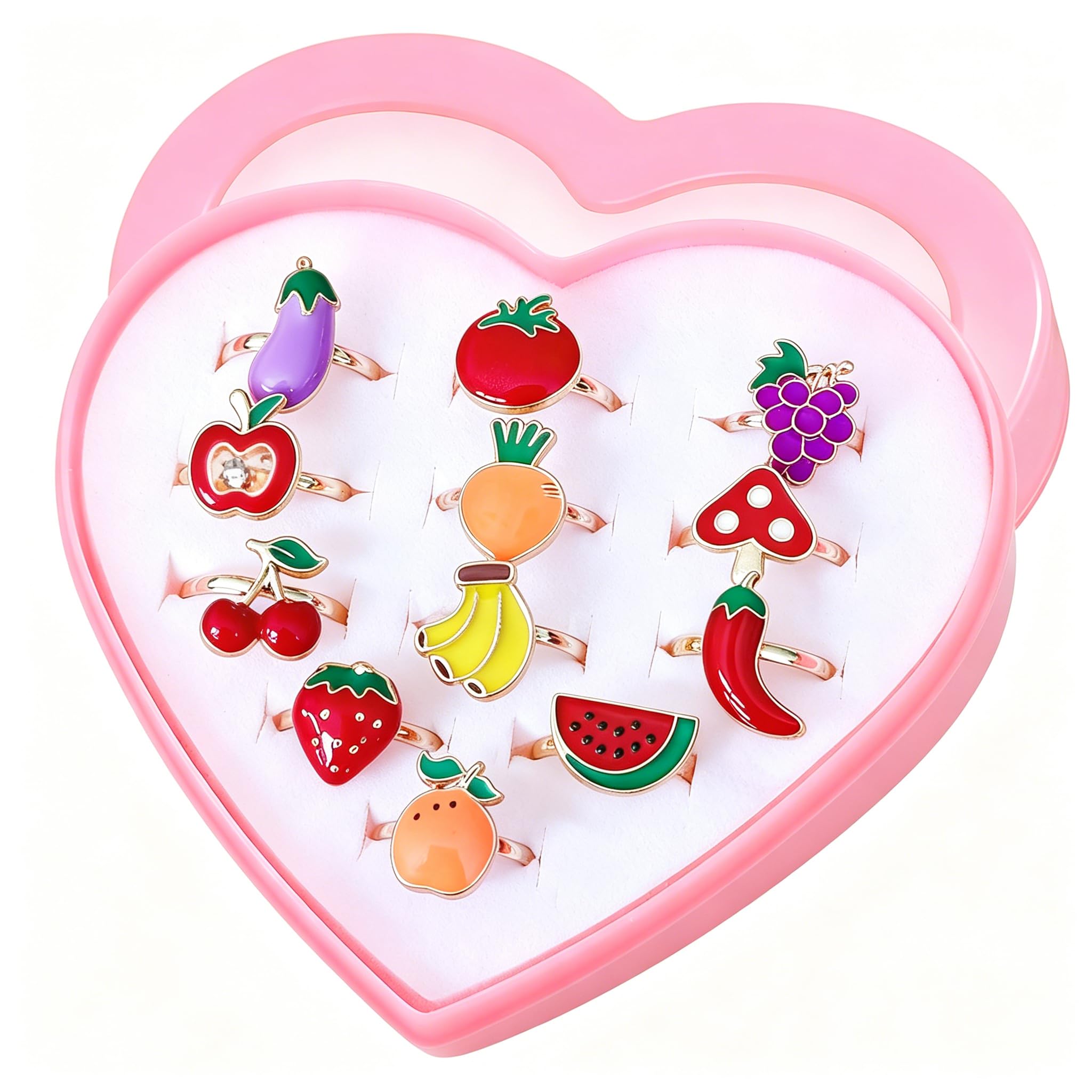 Little Girls Educational Ring Set: Children Adjustable Vegetable Fruit Dress Up Toys Jewelry With Heart Shape Box Moms Teaching Helper Kids Pretend Play Xmas Socks Fillers Birthday Party Gift 12Pcs