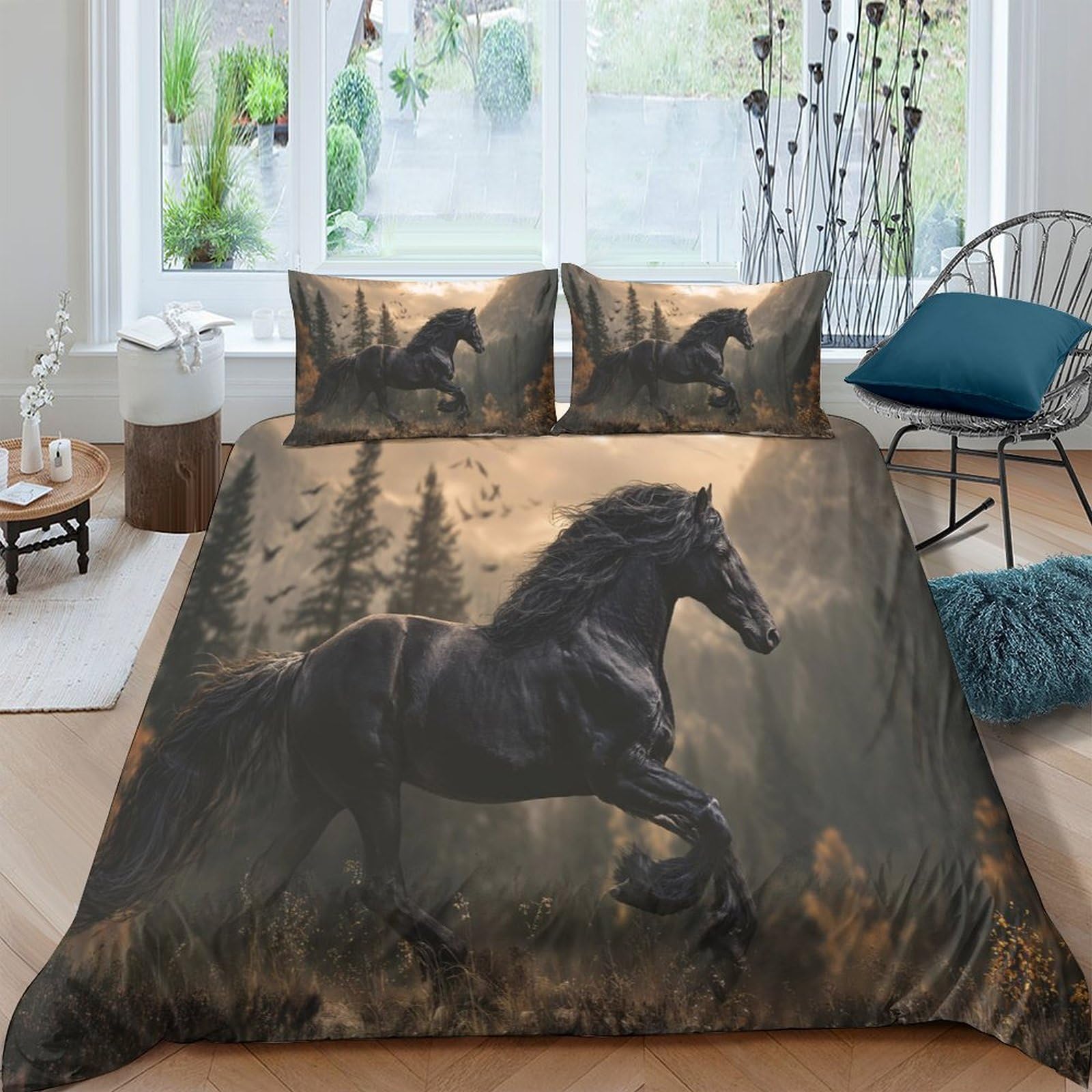 Ctjqhvkz Style-8 3D Printed Black Horse Forest Fitted Sheet Microfiber Soft Durable Misty Landscape Bed Cover For Bedroom Guest Room Decor Single（135X200cm）