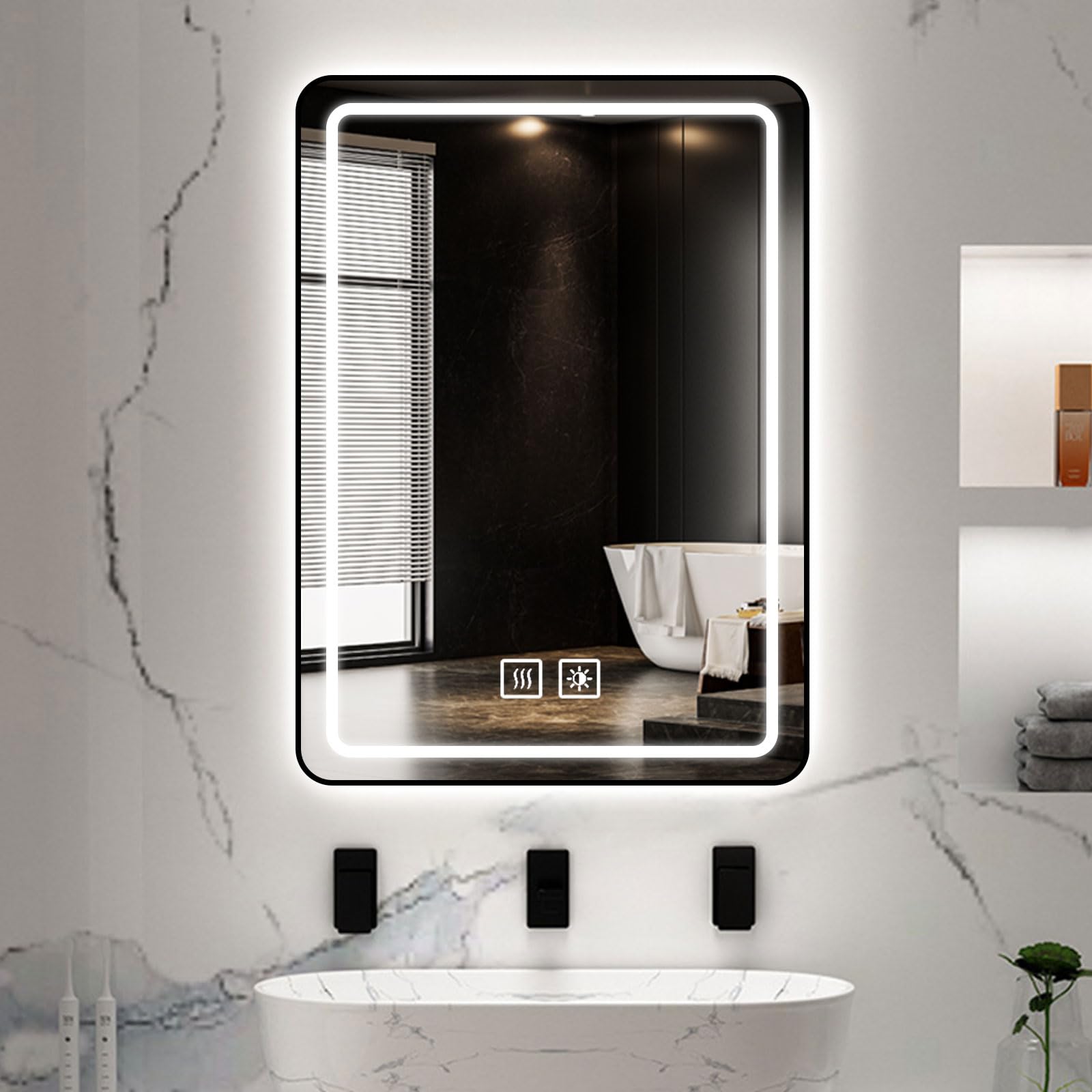 FGXHHS Rectangle with Lights - Smart LED Mirror,Anti-Fog,3 Adjustable Brightness Levels, Frameless Design, Tempered Glass,Vertical Installation Black Frame 70 * 90cm/27.5 35.4in
