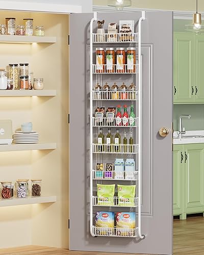 TIMEBAL Organizador de despensa sobre la puerta, estante colgante de metal de 8 niveles con 8 cestas grandes, resistente a la corrosión, color blanco