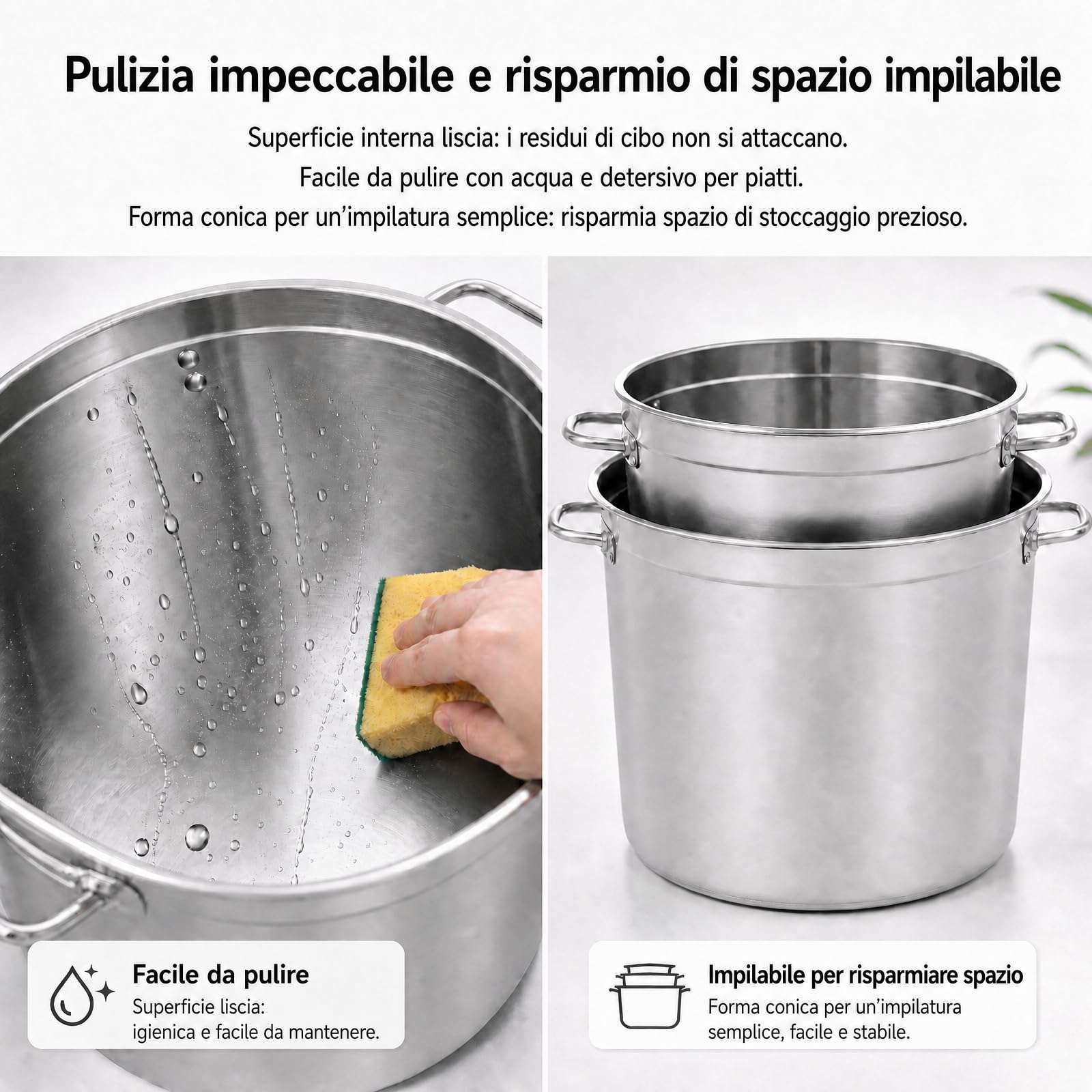 Pentola per zuppa in acciaio inox, 98 l, grande con manici e coperchio per lavandino, Ø 51,5 cm, altezza: 50 cm, in acciaio inox, grande per tutti i piani cottura e le grandi cucine