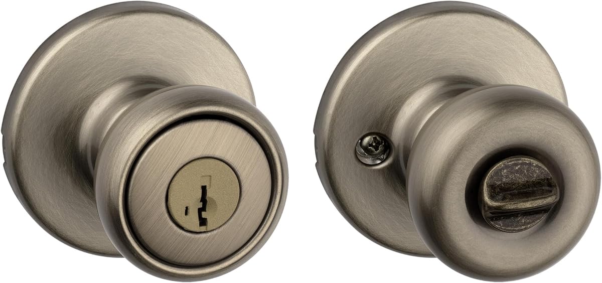 Tylo Pomo para puerta de entrada con cerradura y llave, manija exterior con llave segura, entrada principal y dormitorio, latón envejecido, seguridad SmartKey Rekey resistente a golpes y Microban