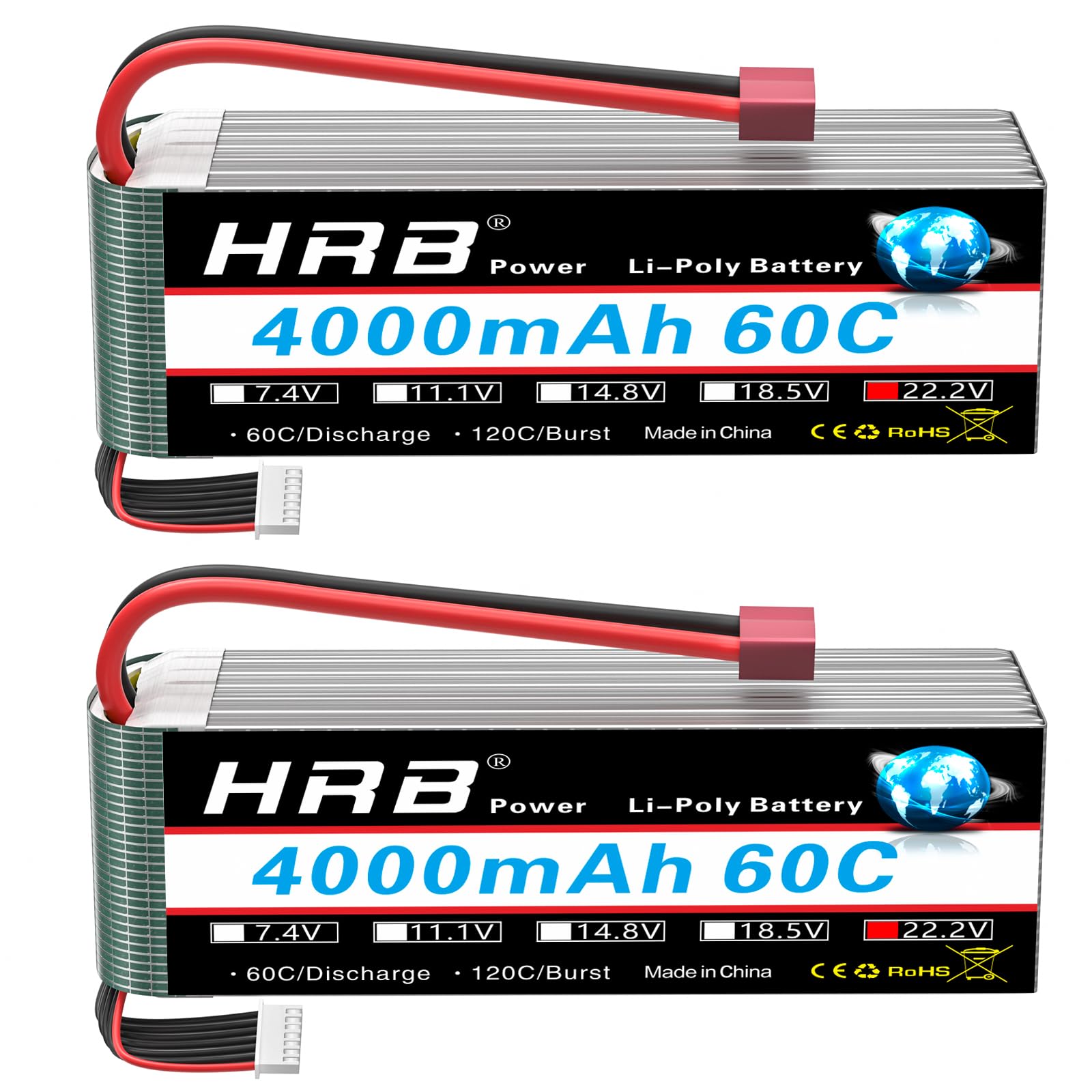 HRB 2pcs 6S Lipo Battery Dean T 22.2V 4000mAh 60C RC Lipo Battery Compatible with für RC Quadrocopter Flugzeug Helikopter Auto Boot Hobby
