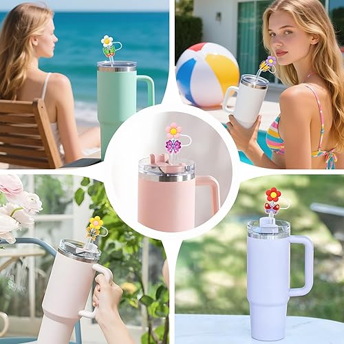 Miniatura 5 de 6 tapas de paja con diseño de flores para copa Stanley, cubierta de popote de mariposa de 0.394 in, a prueba de polvo, tapas reutilizables para