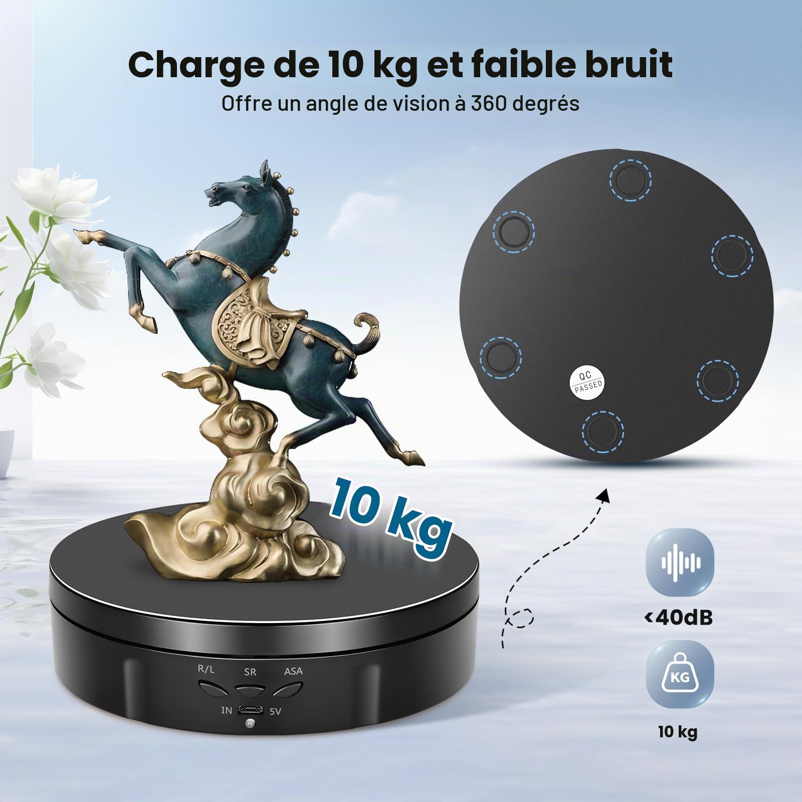 Plateau Tournant Electrique, Direction et Vitesse à 360 Degrés Réglables Tournante Rotative Électrique, Charge de 10KG Automatique Support Rotatif Motorisé Rechargeable avec 5 Panneaux de Fond