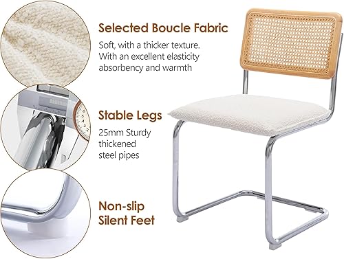 Miniatura 6 de ONEVOG Juego de 2 sillas de comedor tapizadas Boucle, sillas de caña con marco de madera de goma resistente, cómodas sillas de cocina con respaldo