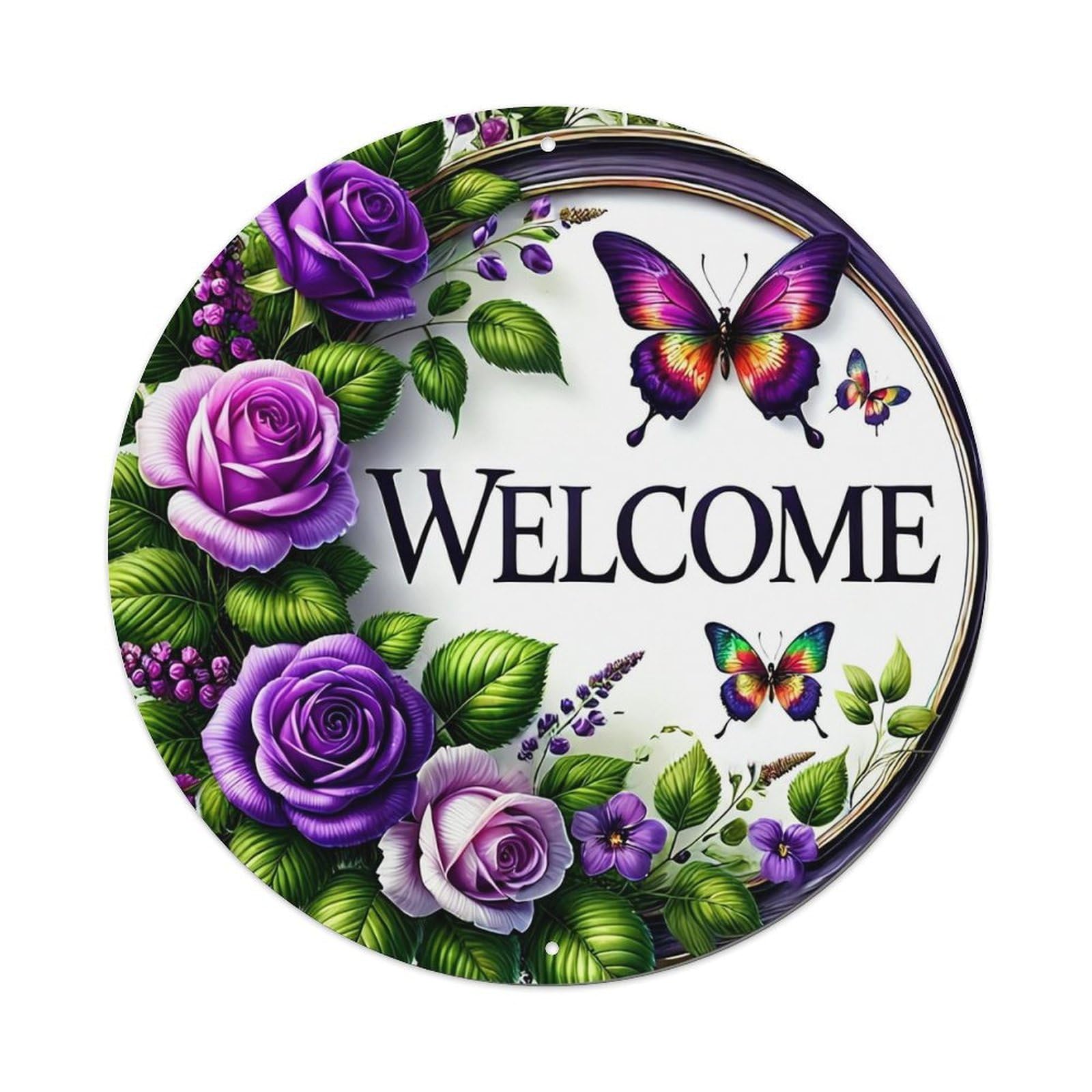 Floral Roses Butterflies Welcome Pattern Round Tin Sign Vintage Metal Sign Home Bar Garden Indoor & Outdoor Wall Decor Retro Metal Poster 8x8 Inch