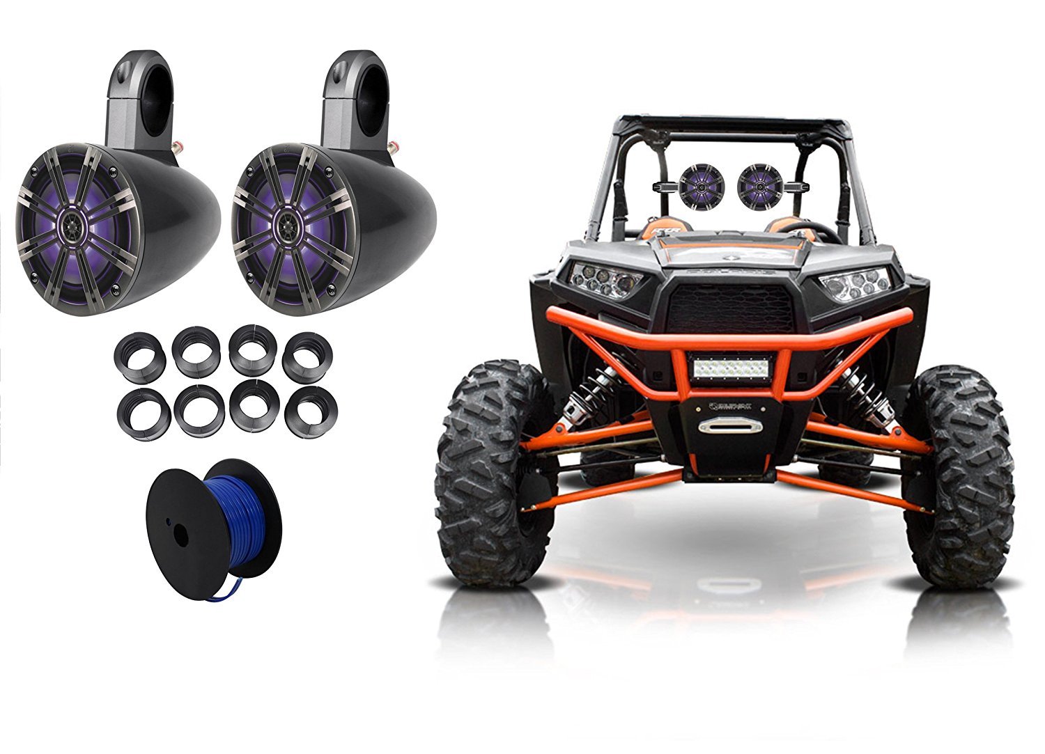 (2) KICKER 45KM654L Marine LED Speakers Bundle with Pair Kicker KMTES Marine Tower Enclosures Speaker, Kicker KMTAP Adapter Pack Tower Enclosures and Rockville MARINE 16G50 OFC Speaker Wire