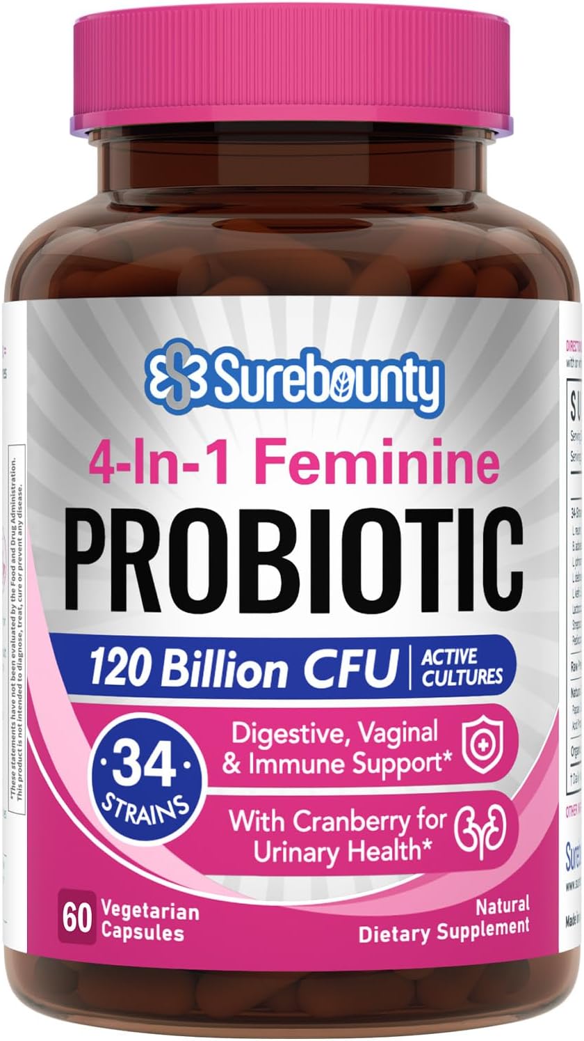 Probiotics for Women, 120 Billion CFU 34 Strains, Prebiotics, Digestive Enzymes, Cranberry, 4-in-1 Feminine Probiotic, Digestive, Vaginal, Immune Support, 60ct
