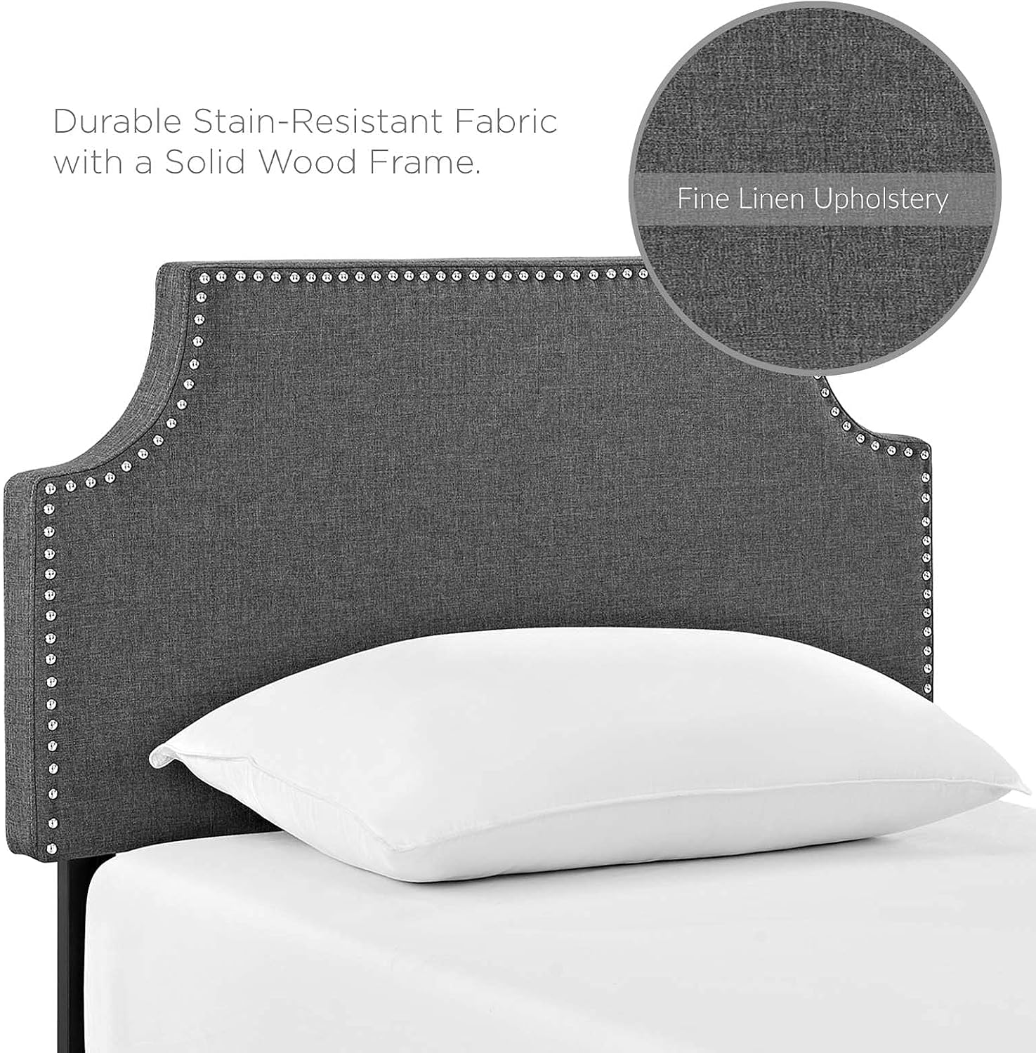 Modway MOD-5390 Laura Linen Upholstered Twin Size Headboard with Nailhead Trim, Gray Fabric