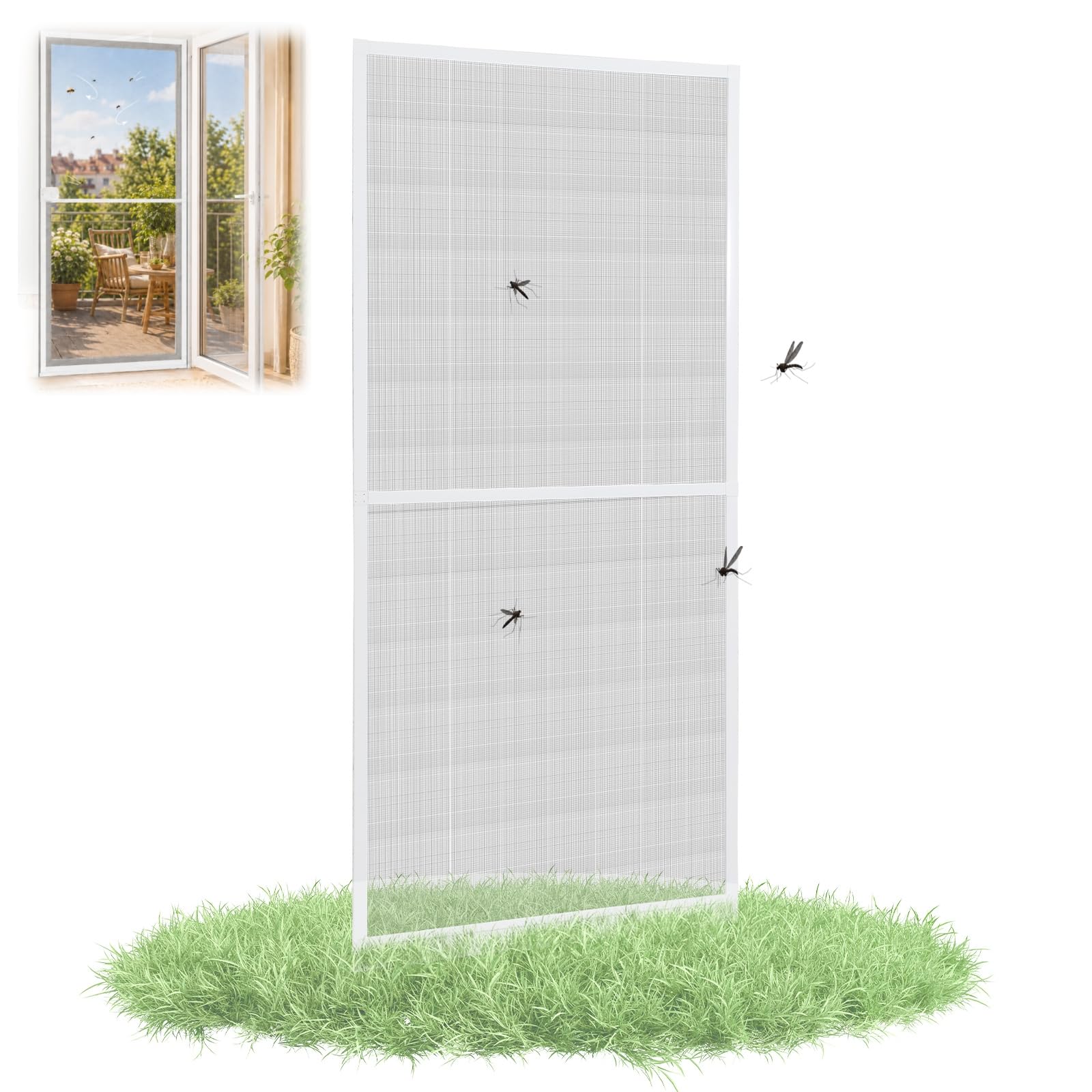 𝗝𝗮𝘅𝗴𝘂𝗼𝗺 Fliegengitter Tür Balkontür 120x240 cm, Insektenschutz Tür mit Alurahmen zur Schraubmontage, zuschneidbar, weiß, mit Bürstendichtung & Magnetverschluss für Terrasse