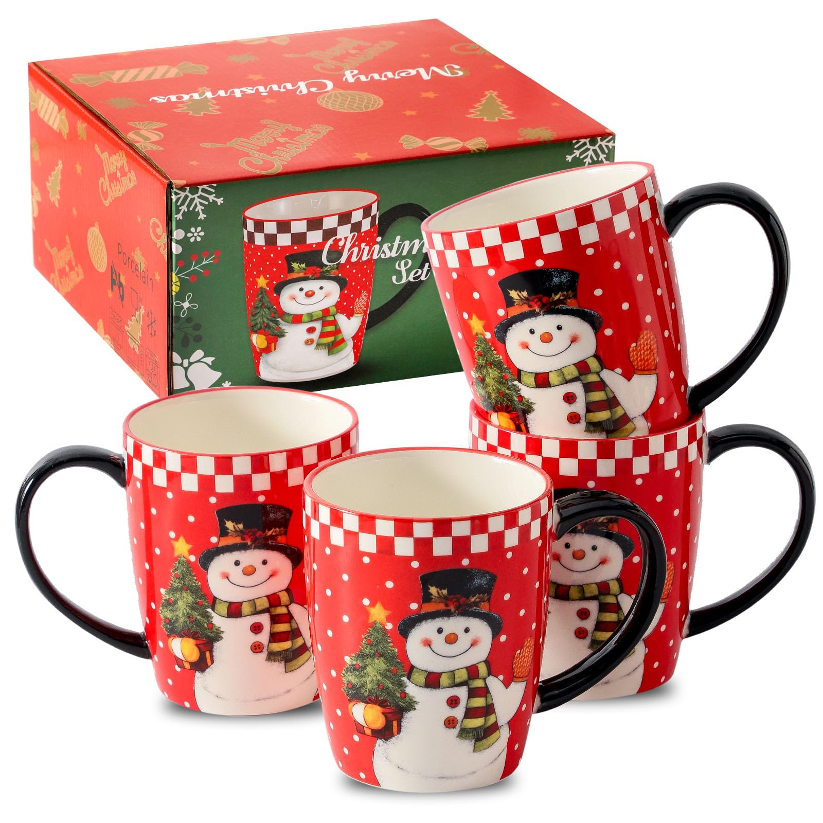 HASENSE Christmas Coffee Mugs Set of 4, 16oz Ceramic Coffee Cups with Handle for Tea, Soup, Latte, Hot Cocoa &amp; Milk, Large Latte Cups Perfect for Holiday Gift, Dishwasher and Microwave Safe, Red