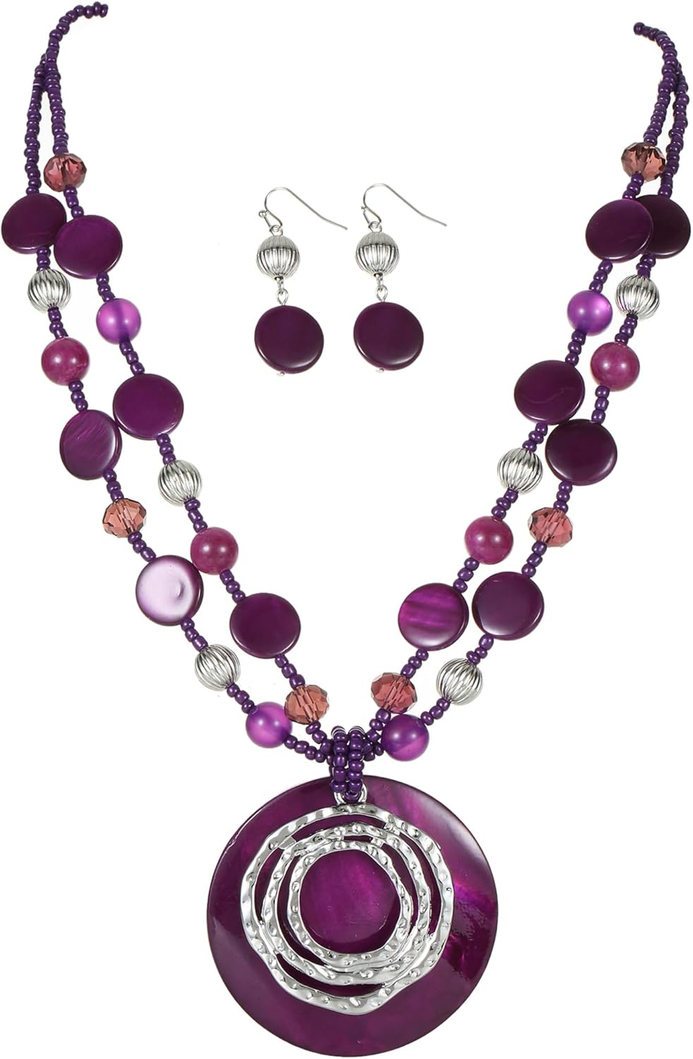 Multilayered Strand Statement Necklaces Set for Women Big Circle Shell Pendant Necklace with Colorful Beaded Chunky Choker Necklace and Earrings.