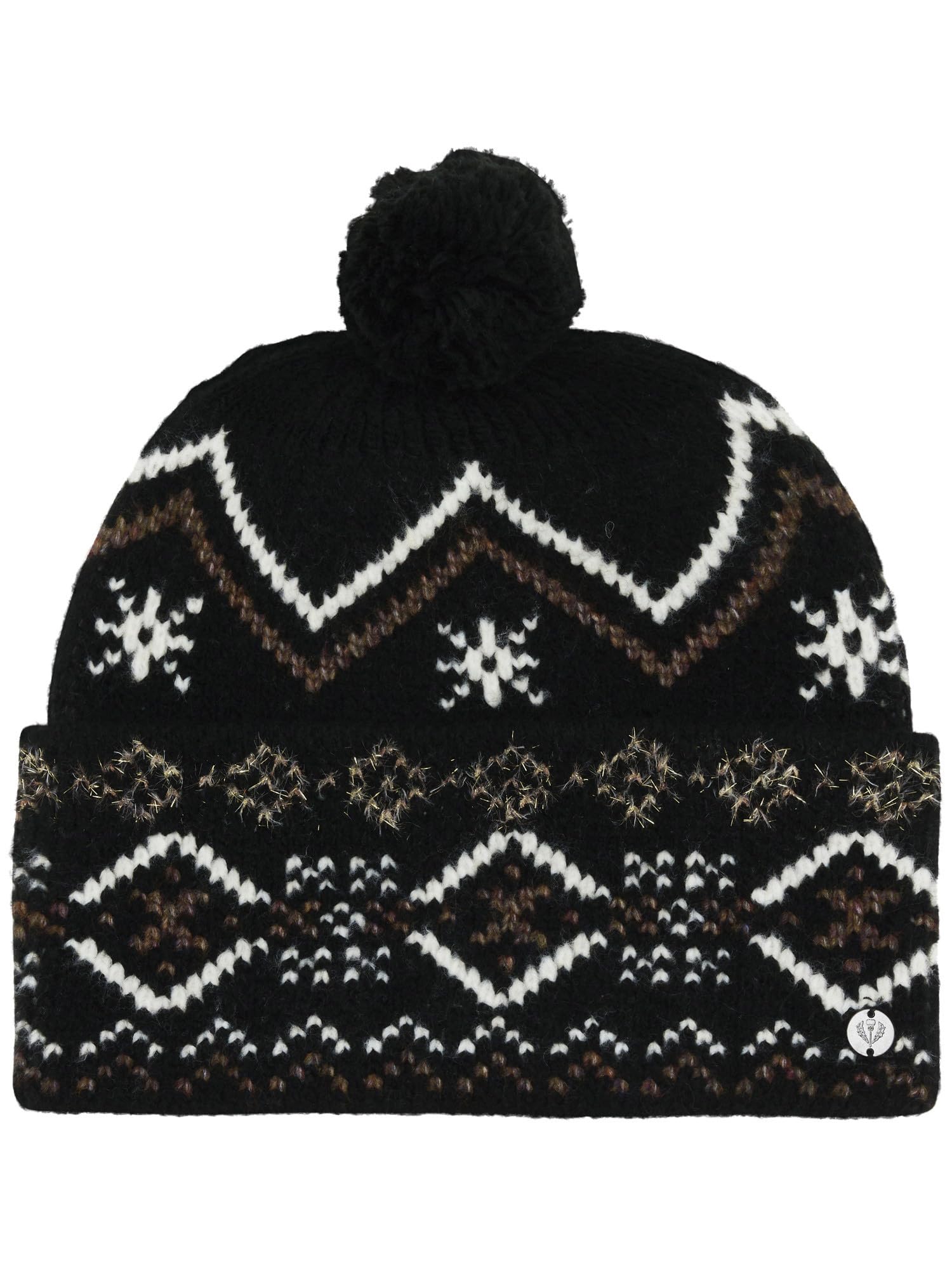 FRAAS Bonnet tricoté pour femme - Motif norvégien avec fil doré - Pompon - Bord large - Marché de Noël