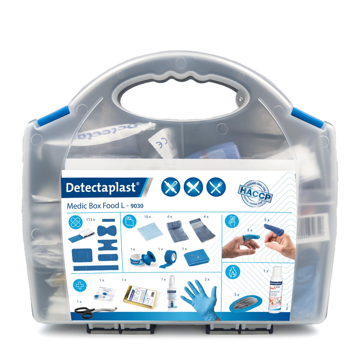 Detectaplast Kit di pronto soccorso per la ristorazione, kit di pronto soccorso per medicare le ferite, valigetta di pronto soccorso: cerotti, benda, nastro, spray disinfettante, 157 pezzi