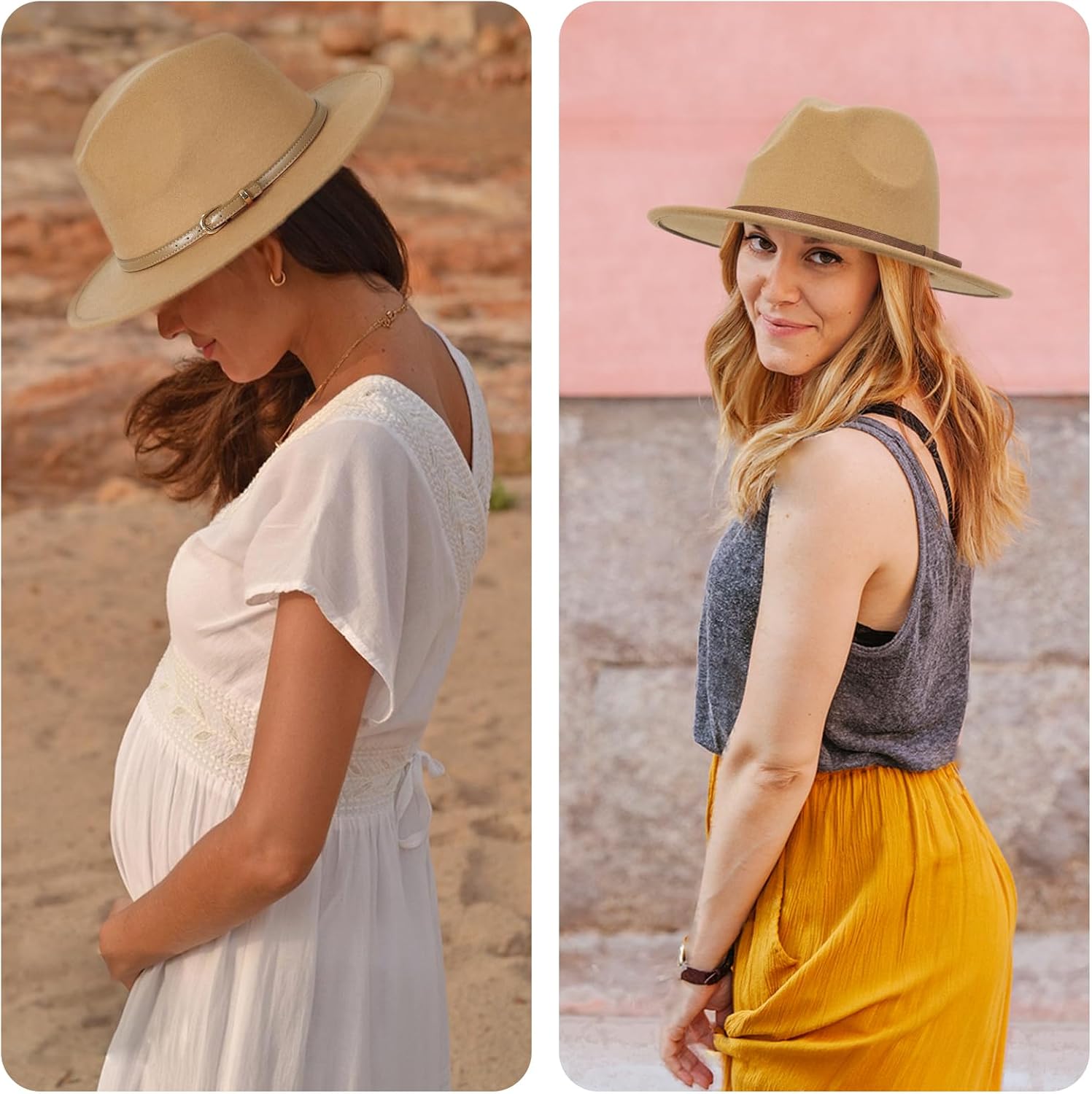 Women Classic Felt Fedora Hats Wide Brim Wool Panama with Belt Buckle