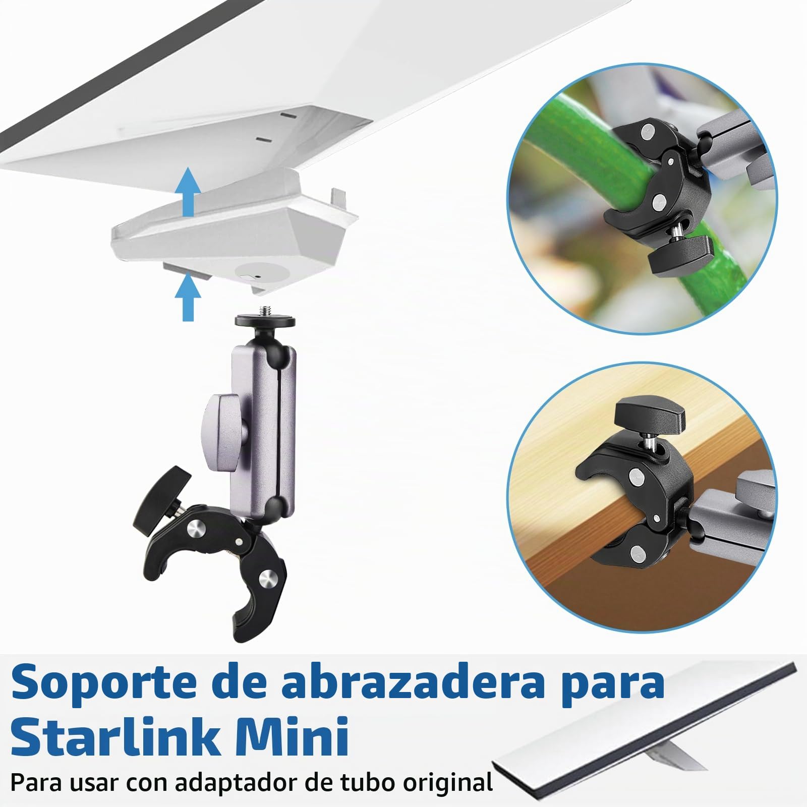 Starlink Mini soporte - Pinza ajustable para mini cuenco Starlink - Apto para barras de 2,2 a 5 cm - Ideal para escaleras de autocaravanas, barras de techo, furgonetas y barcos